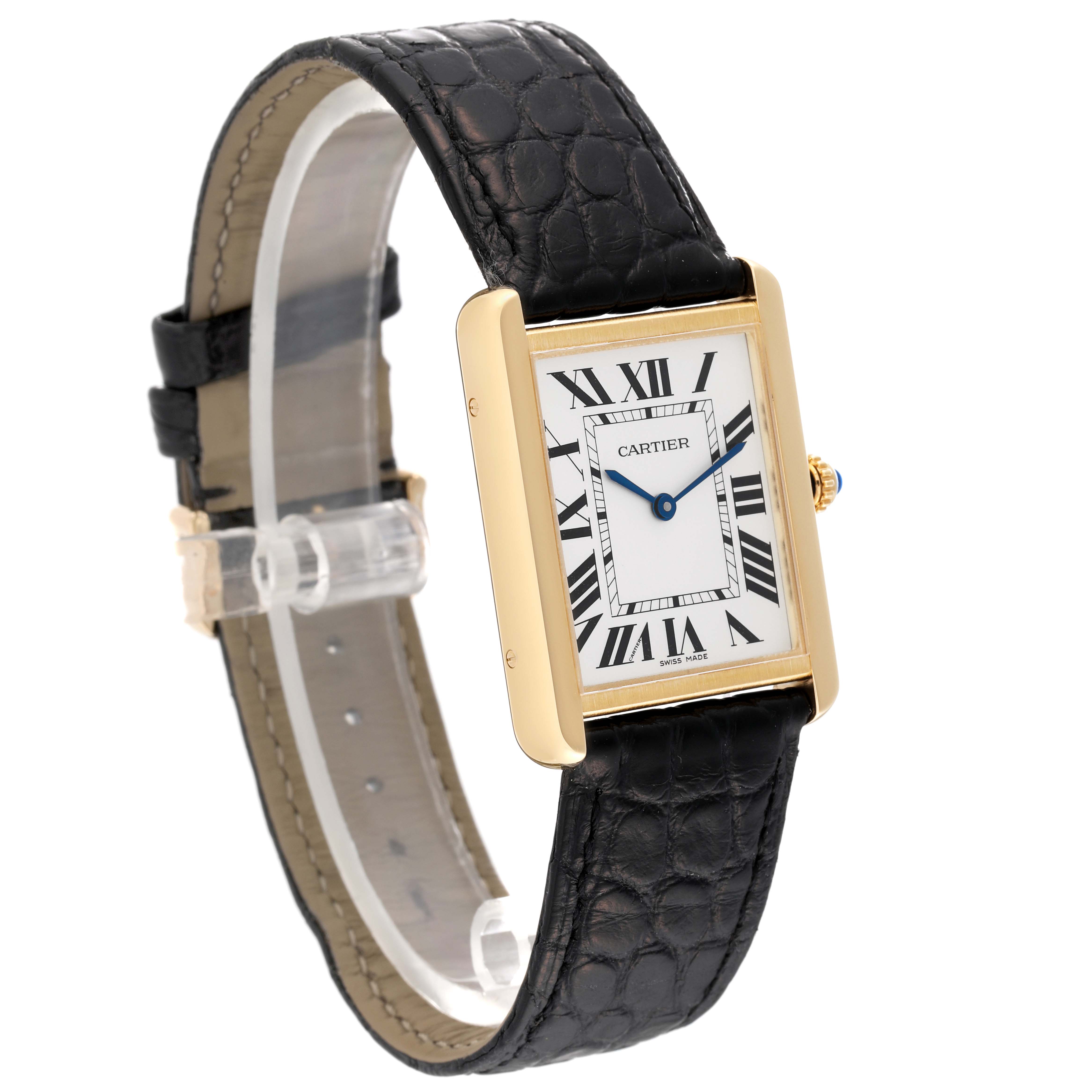 The Cartier Tank Solo W5200004 Men's Steel and Gold (two tone) Silver Dial W5200004 Men's Steel and Gold (two tone) Silver Dial watch is shown at a slight angle, highlighting its rectangular face, Roman numerals, and black leather strap.