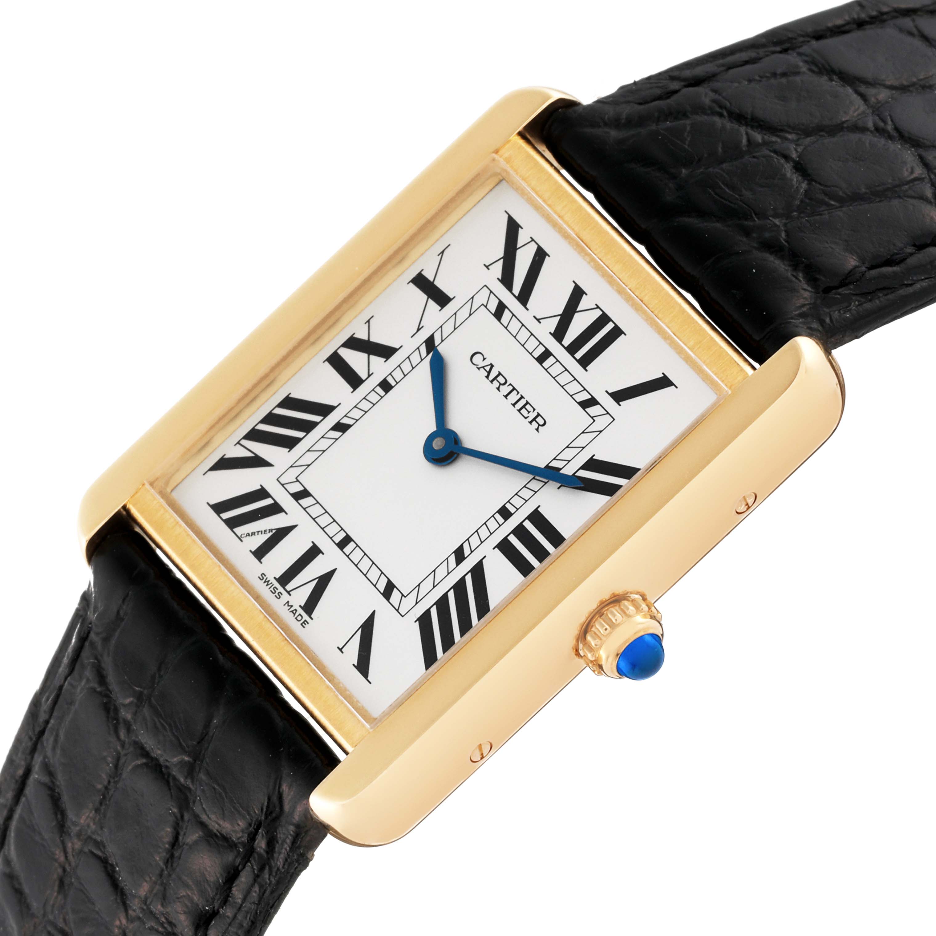 The image shows a close-up angle of the Cartier Tank Solo W5200004 Men's Steel and Gold (two tone) Silver Dial W5200004 Men's Steel and Gold (two tone) Silver Dial watch face, including the crown and part of the leather strap.