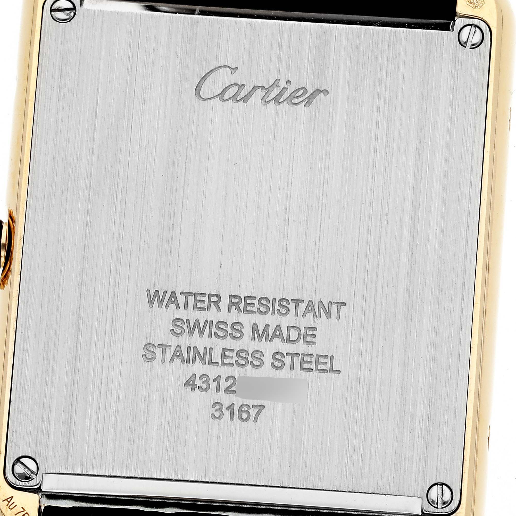 The image shows the case back of a Cartier Tank Solo W5200004 Men's Steel and Gold (two tone) Silver Dial W5200004 Men's Steel and Gold (two tone) Silver Dial watch, highlighting its stainless steel and water-resistant features.