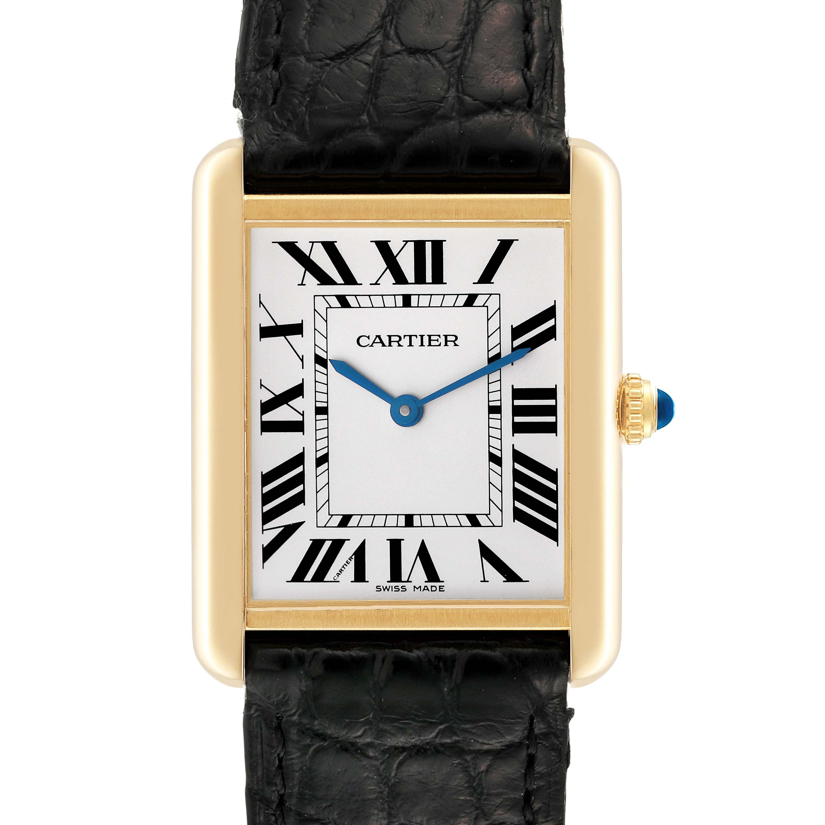 The image shows the front view of a Cartier Tank Solo W5200004 Men's Steel and Gold (two tone) Silver Dial W5200004 Men's Steel and Gold (two tone) Silver Dial watch, highlighting its rectangular dial and black leather strap.
