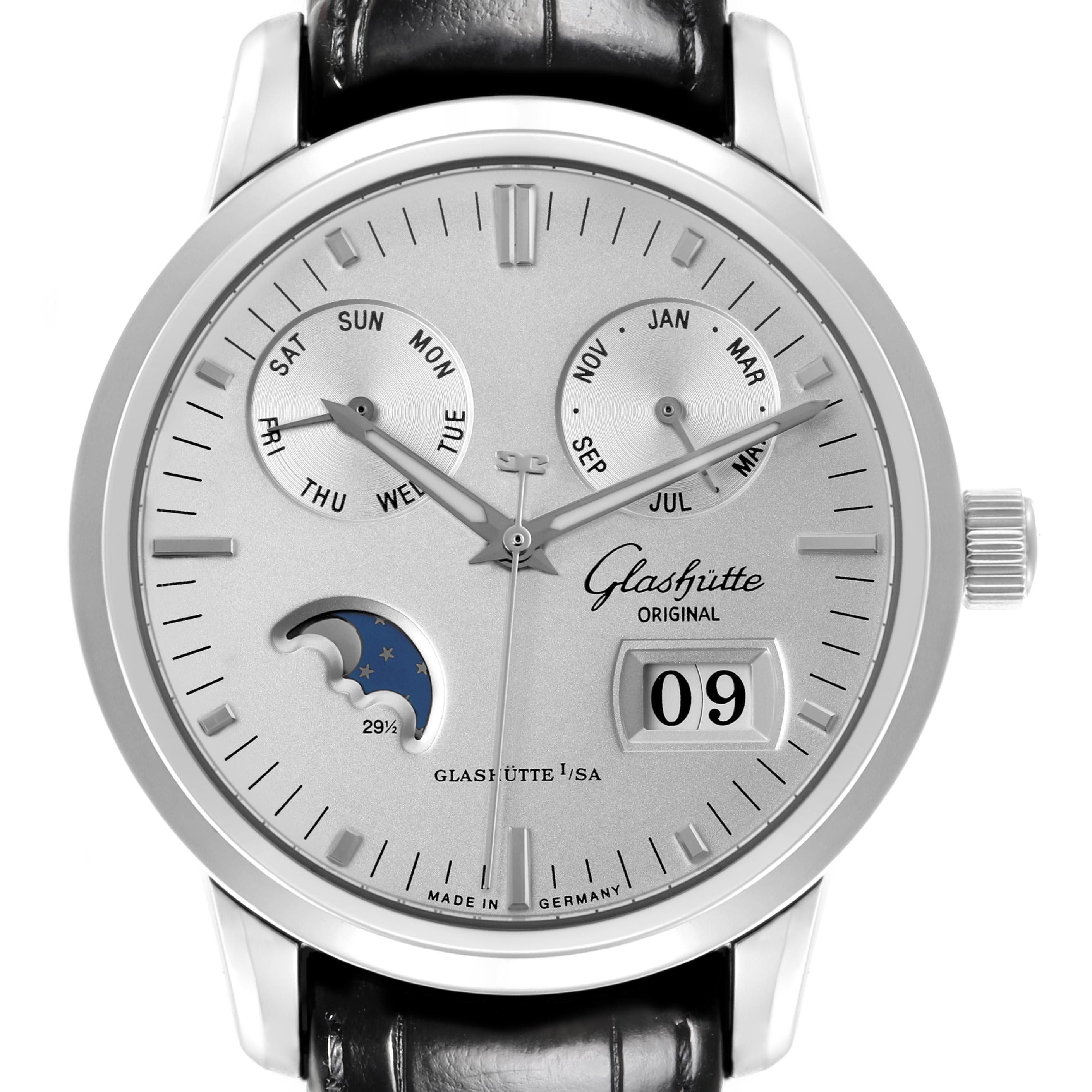 The Glashütte Senator model is shown from the front, displaying day, month, moon phase, and date complications.