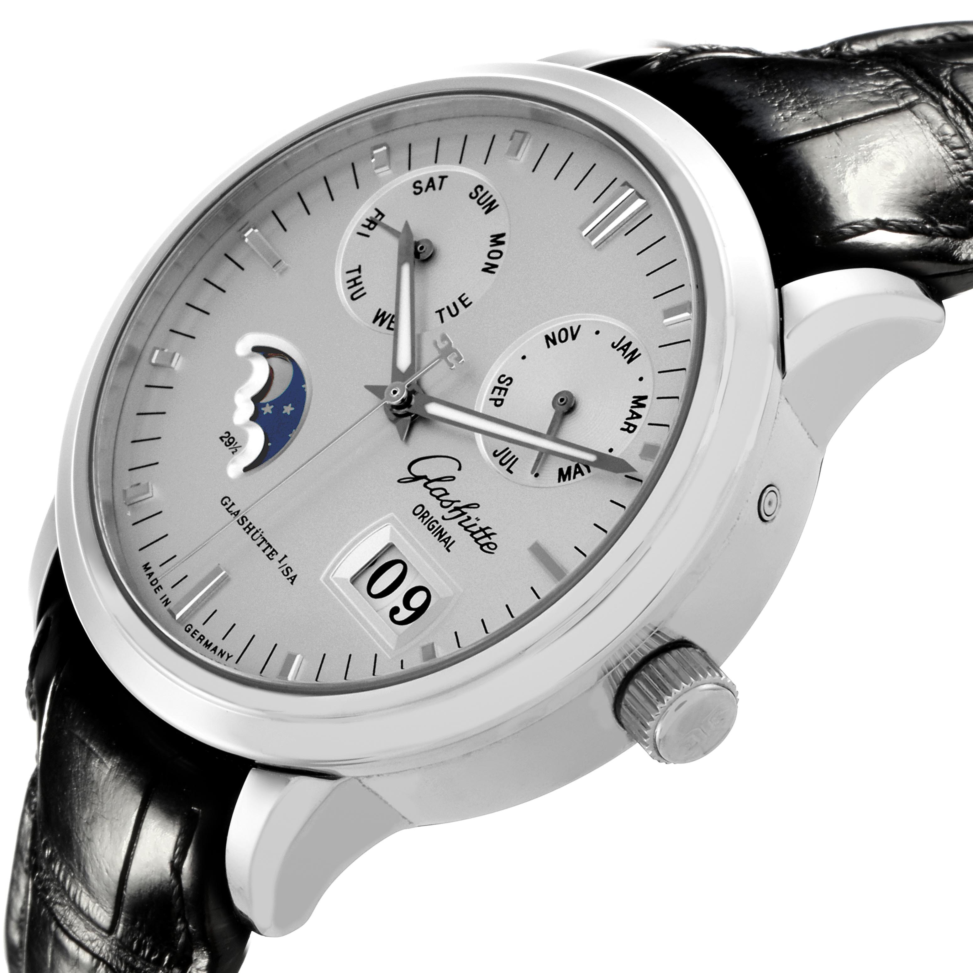 The Glashütte Senator watch is shown at an angled side view, highlighting the dial, moon phase, date, and leather strap.