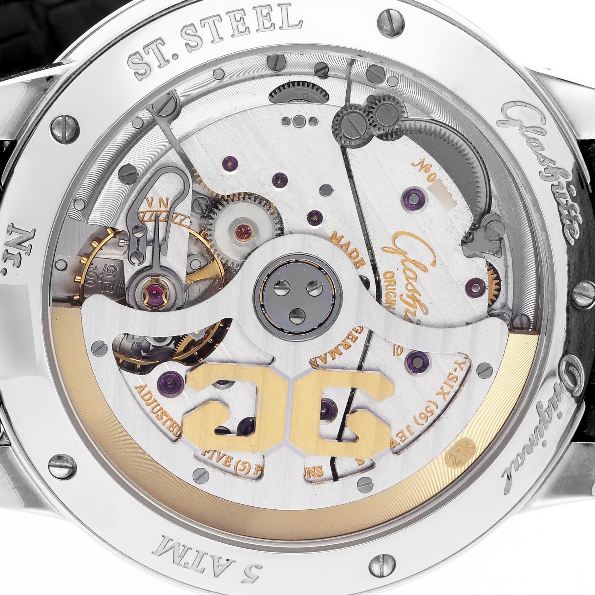 The image shows the Senator model by Glashütte from the back, displaying its intricate movement and mechanics.