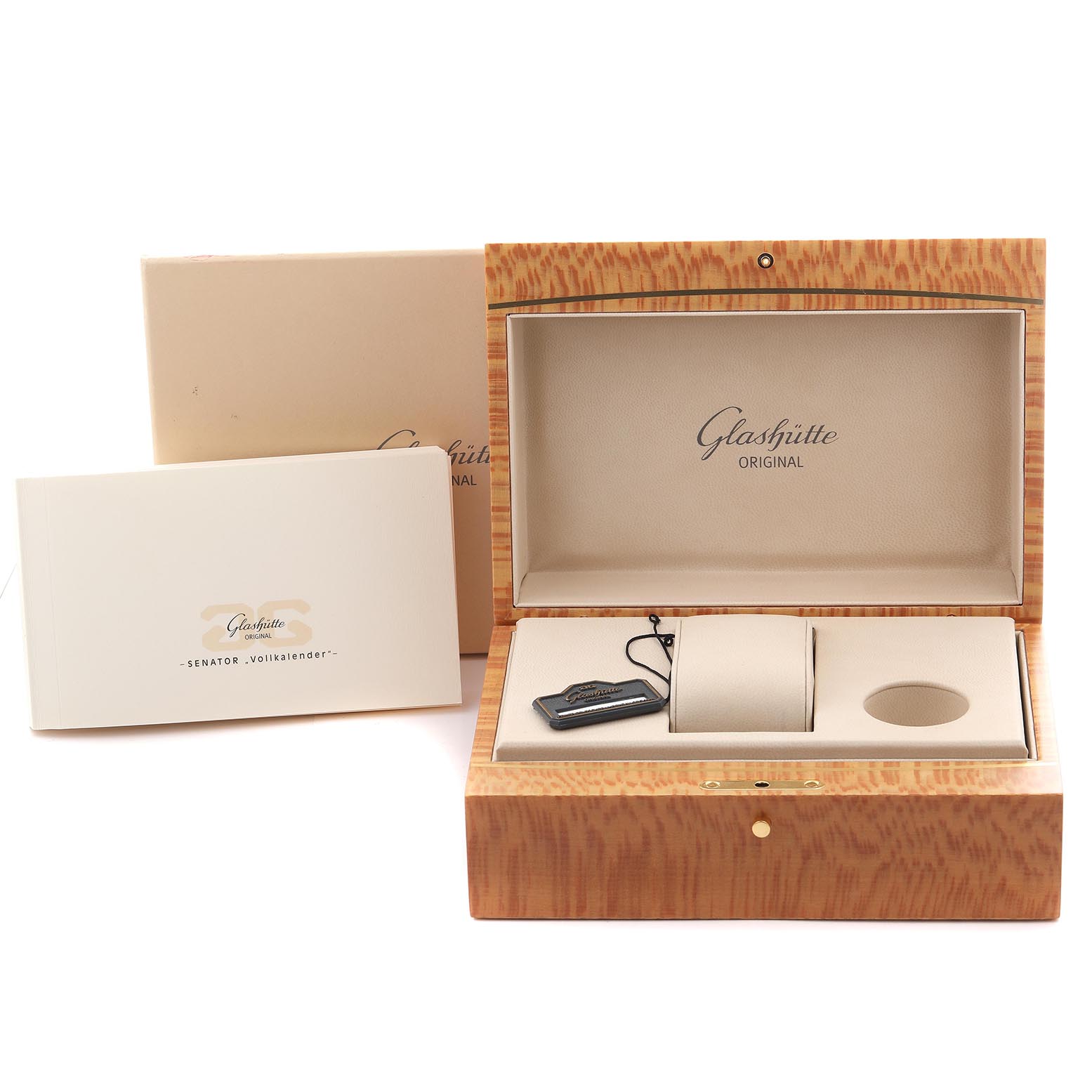 The image shows an open Glashütte Senator watch box at an angle, displaying its inner compartment and branded tag.