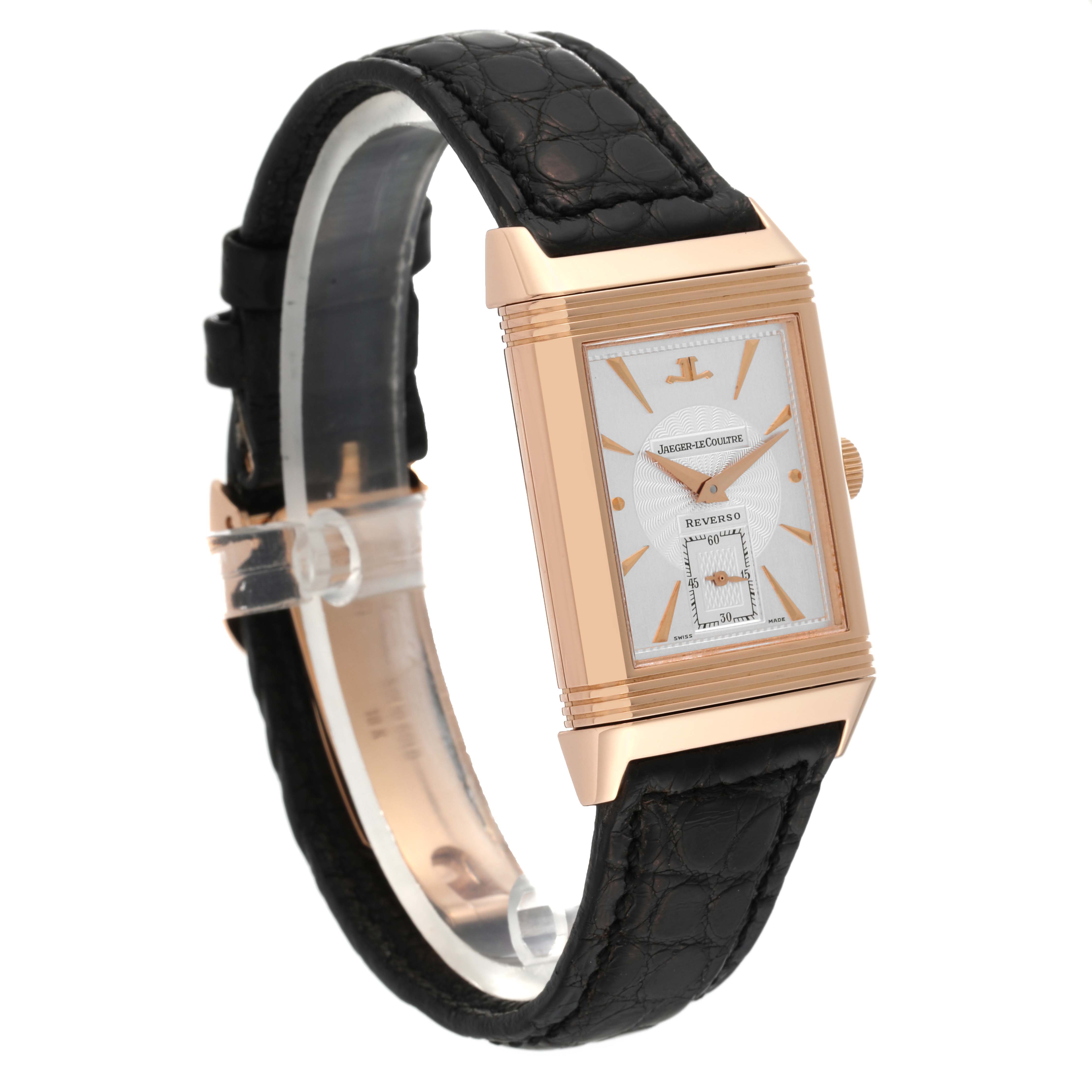 The image shows a Jaeger LeCoultre Reverso 270.2.62 Men's Rose Gold Silver Dial 270.2.62 Men's Rose Gold Silver Dial watch from a front-side angle, highlighting the watch face and black leather strap.