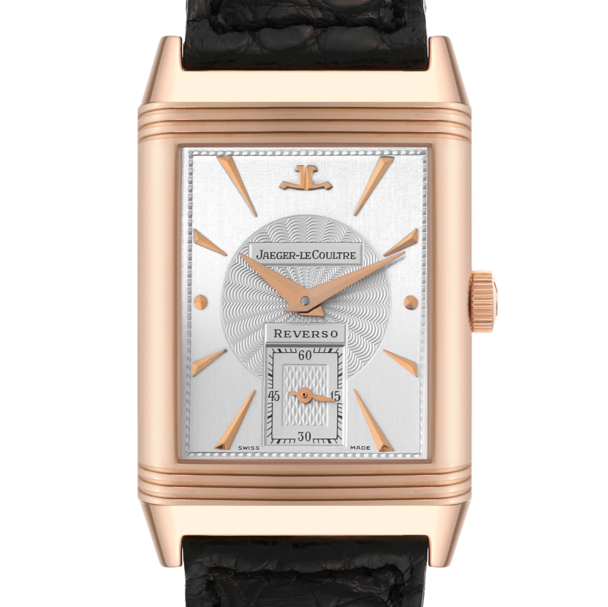The image shows a close-up, front view of the Jaeger LeCoultre Reverso 270.2.62 Men's Rose Gold Silver Dial 270.2.62 Men's Rose Gold Silver Dial watch, highlighting the dial and case.