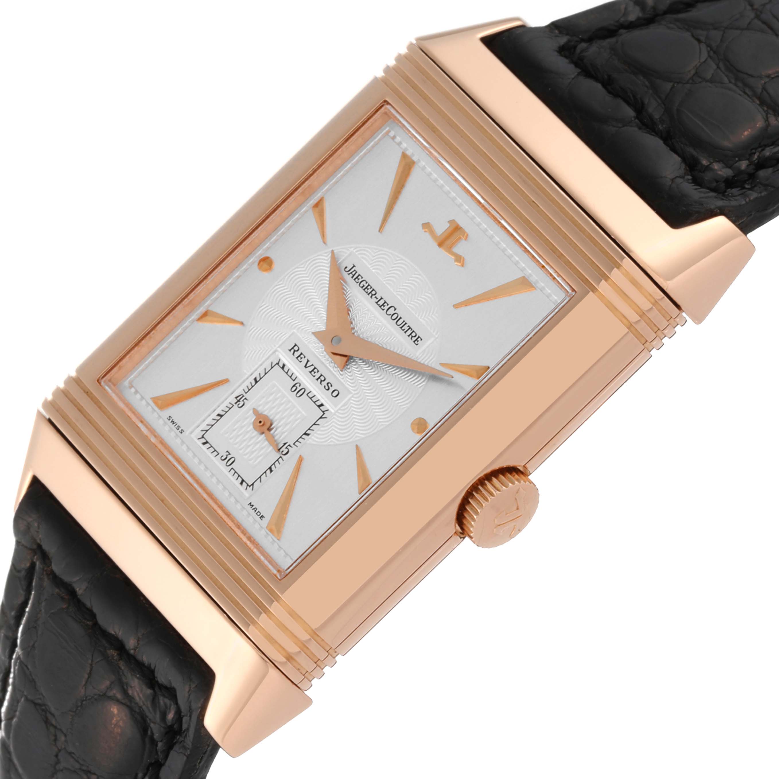 The image shows a close-up angled view of a Jaeger LeCoultre Reverso 270.2.62 Men's Rose Gold Silver Dial 270.2.62 Men's Rose Gold Silver Dial watch, highlighting the dial and crown.