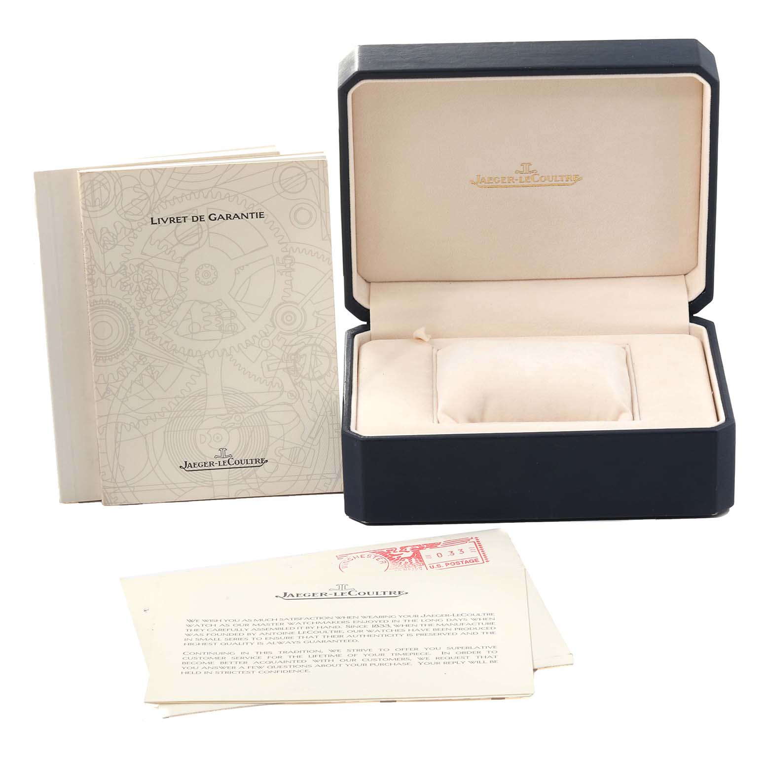 The image shows a Jaeger LeCoultre Reverso 270.2.62 Men's Rose Gold Silver Dial 270.2.62 Men's Rose Gold Silver Dial watch box, a warranty booklet, and documentation.