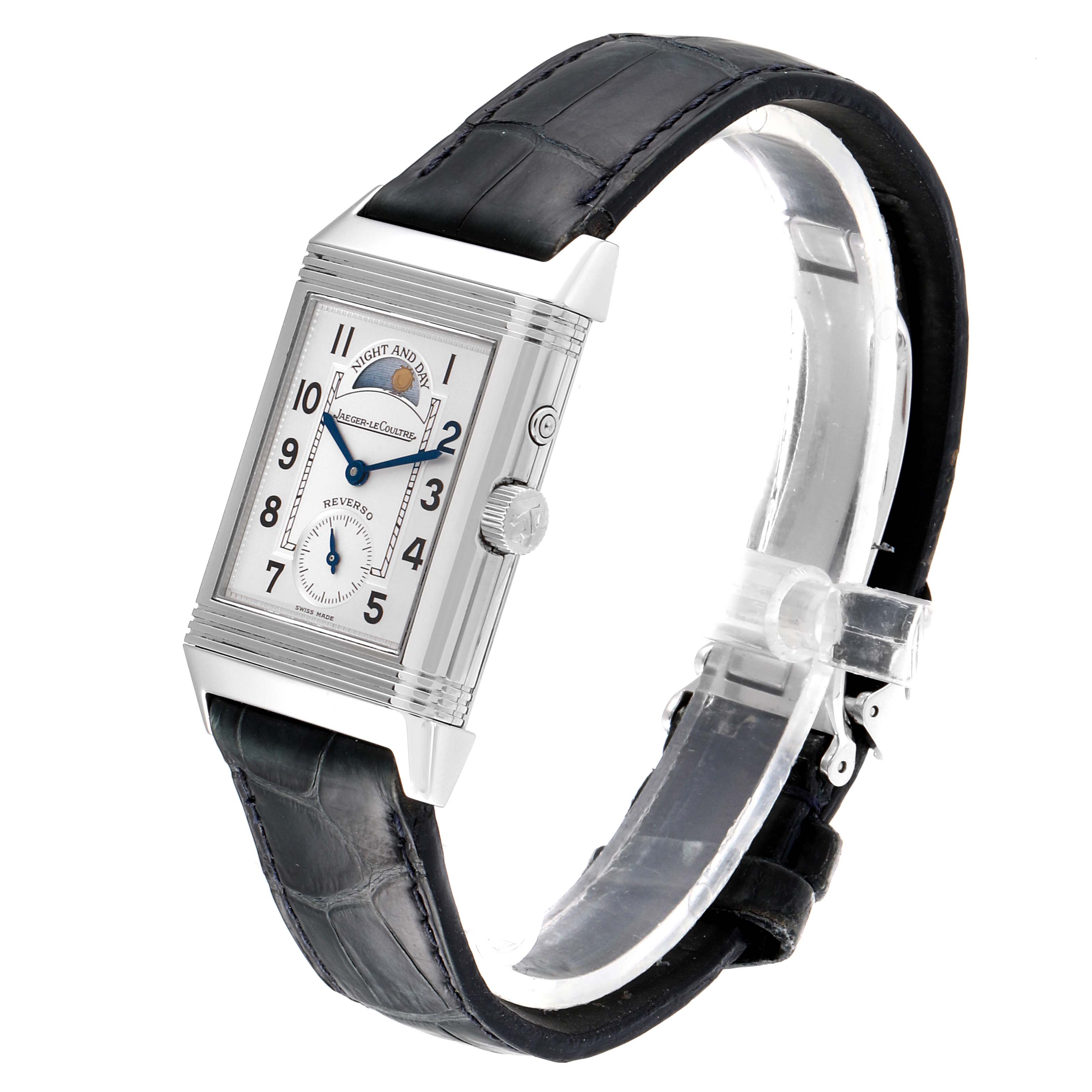 This image shows a Jaeger-LeCoultre Reverso model watch from a side angle, highlighting its rectangular case and leather strap.