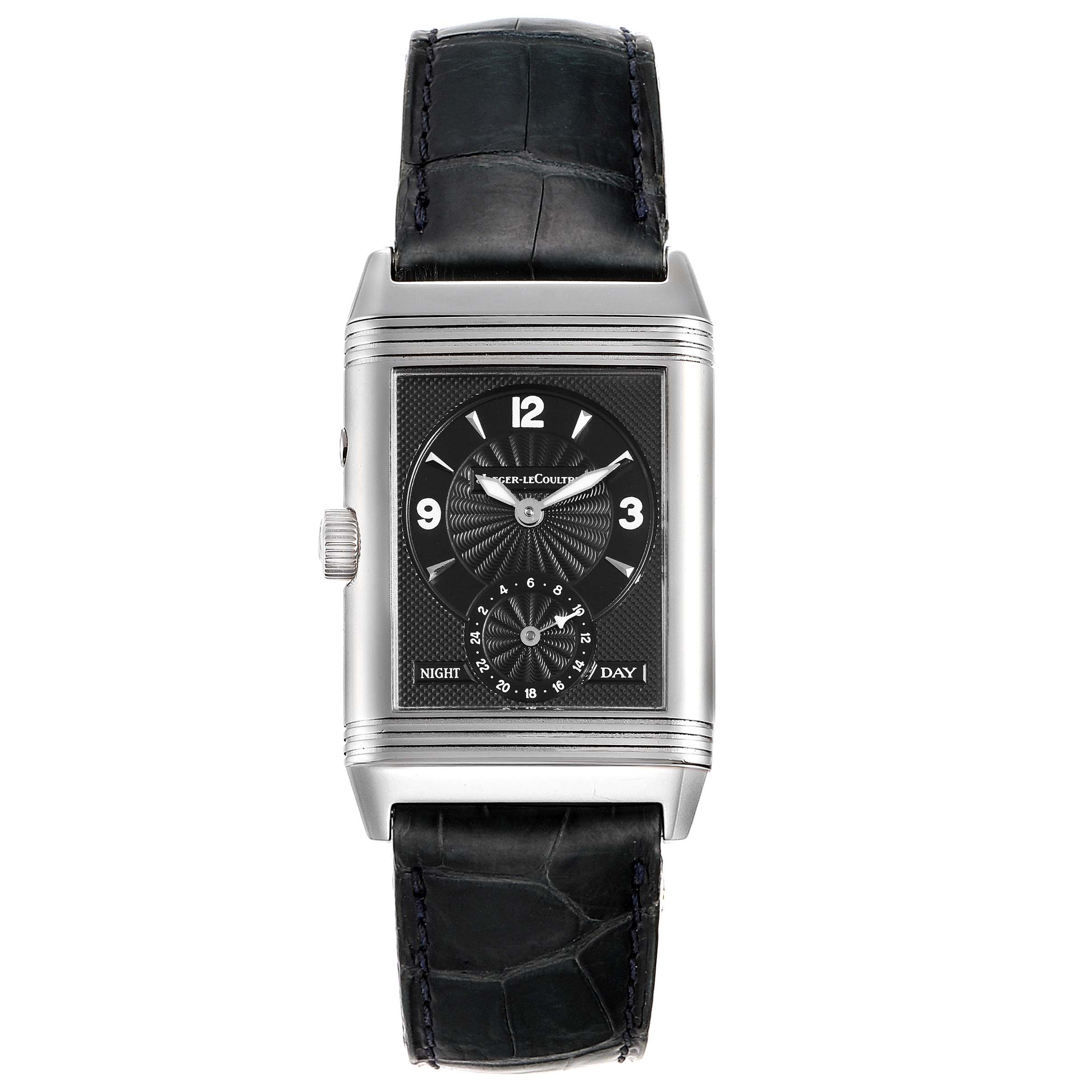 The image shows a front view of the Jaeger LeCoultre Reverso Q270854 Men's Stainless Steel Silver Dial Q270854 Men's Stainless Steel Silver Dial watch, displaying its face and black leather strap.