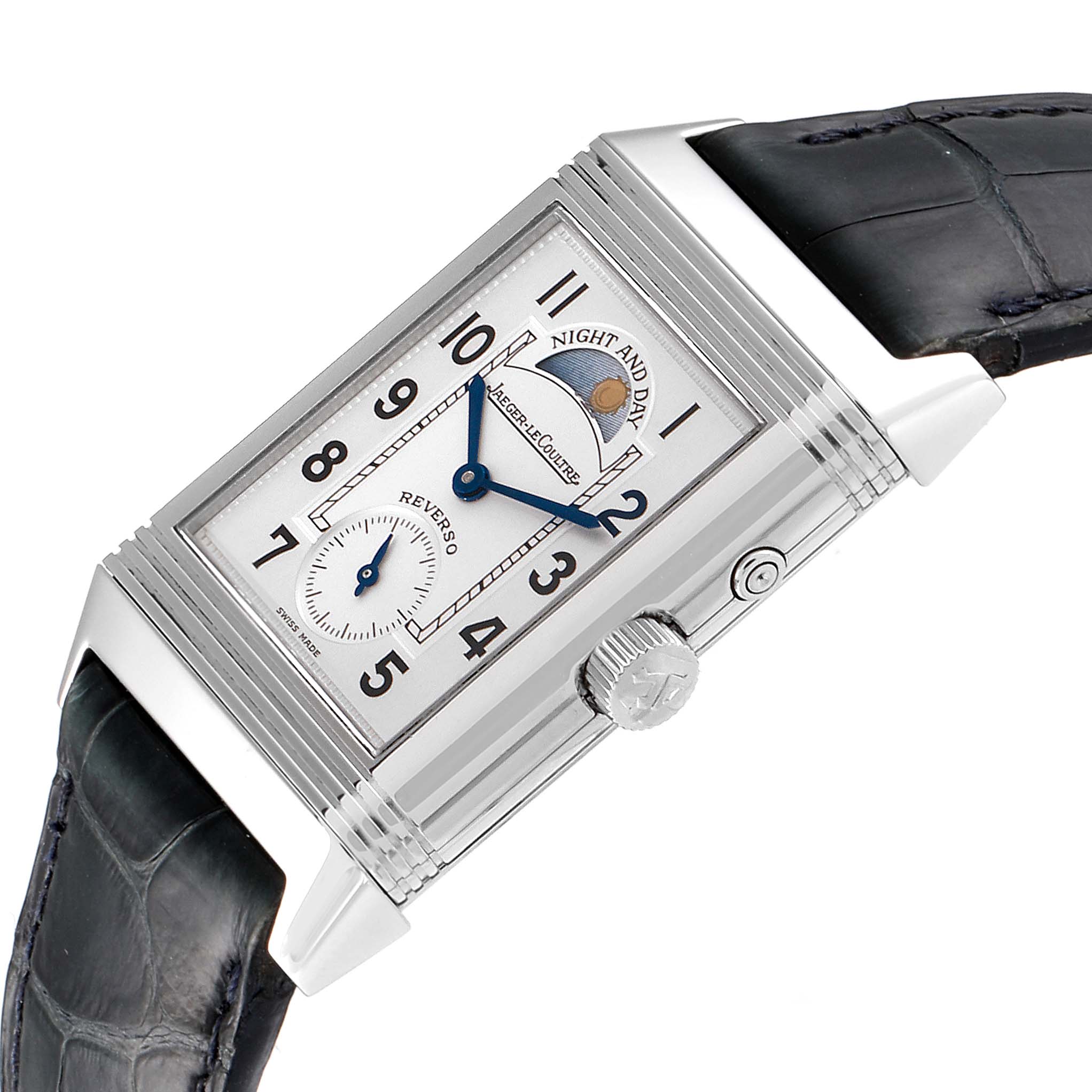 The Jaeger LeCoultre Reverso Q270854 Men's Stainless Steel Silver Dial Q270854 Men's Stainless Steel Silver Dial watch is shown at an angled view, displaying its rectangular face, crown, and top part of the leather strap.