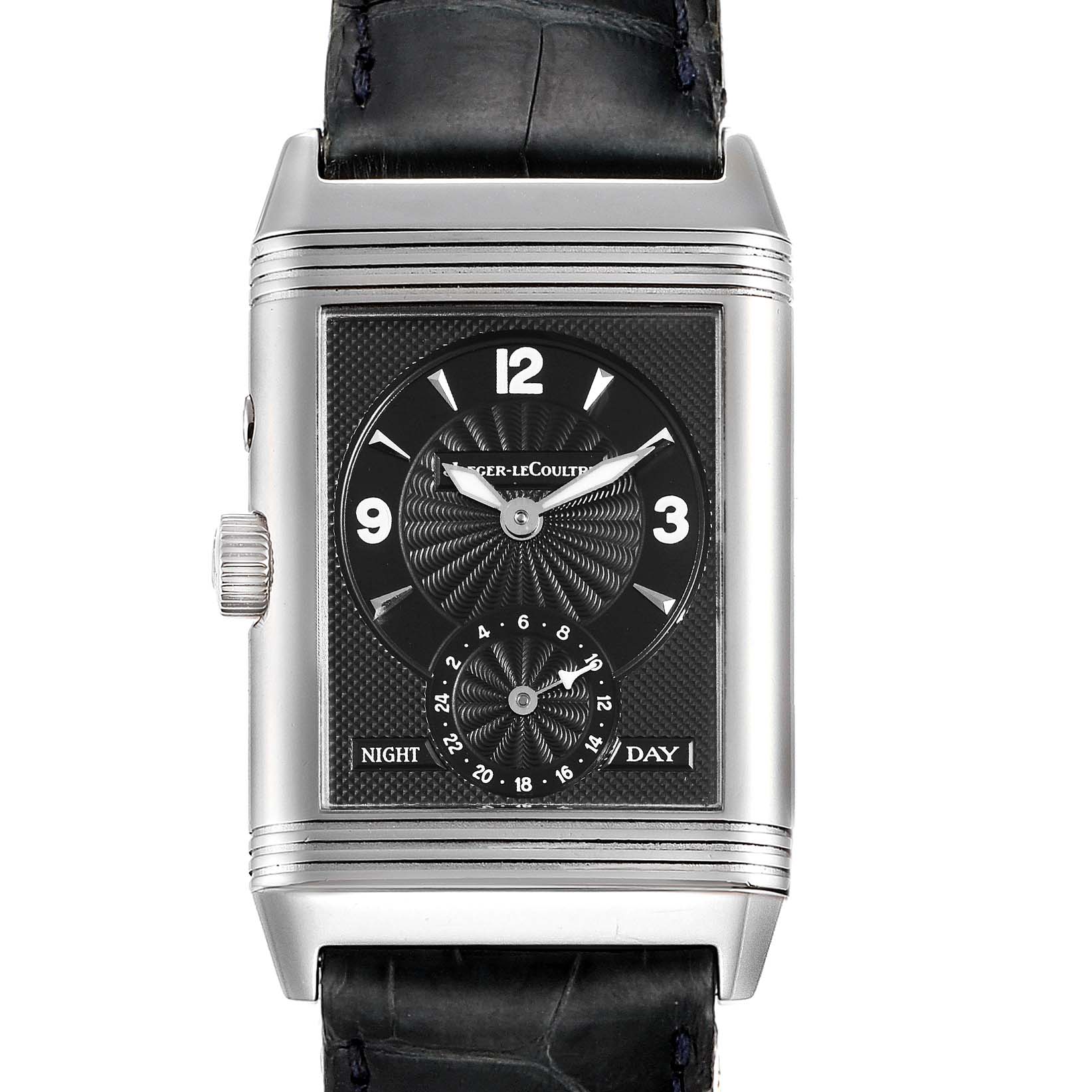 This is a front view of the Jaeger LeCoultre Reverso Q270854 Men's Stainless Steel Silver Dial Q270854 Men's Stainless Steel Silver Dial watch, showing the dial, hands, crown, and a day/night indicator.