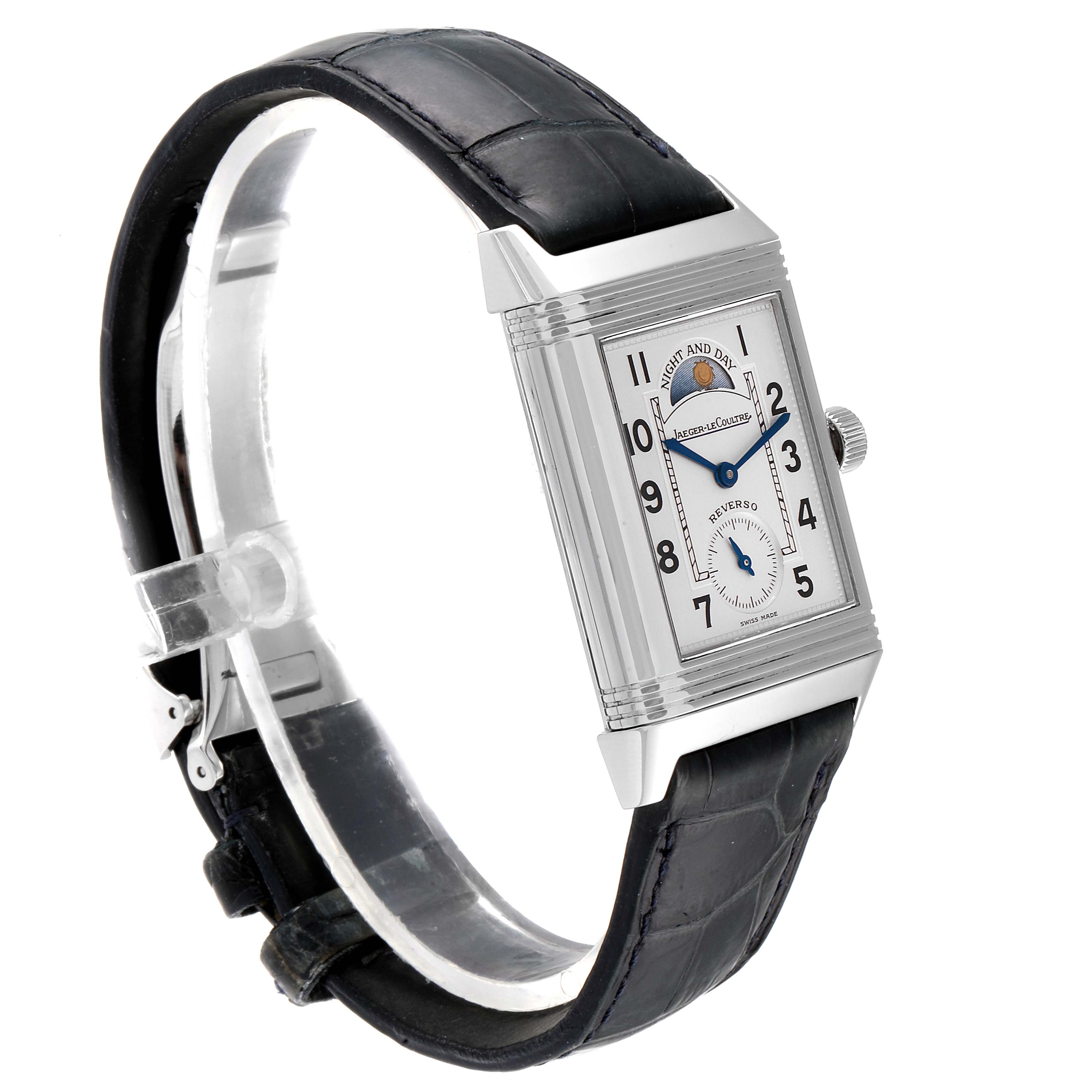 This Jaeger-LeCoultre Reverso watch is shown from an angled side view, highlighting its rectangular face and black leather strap.