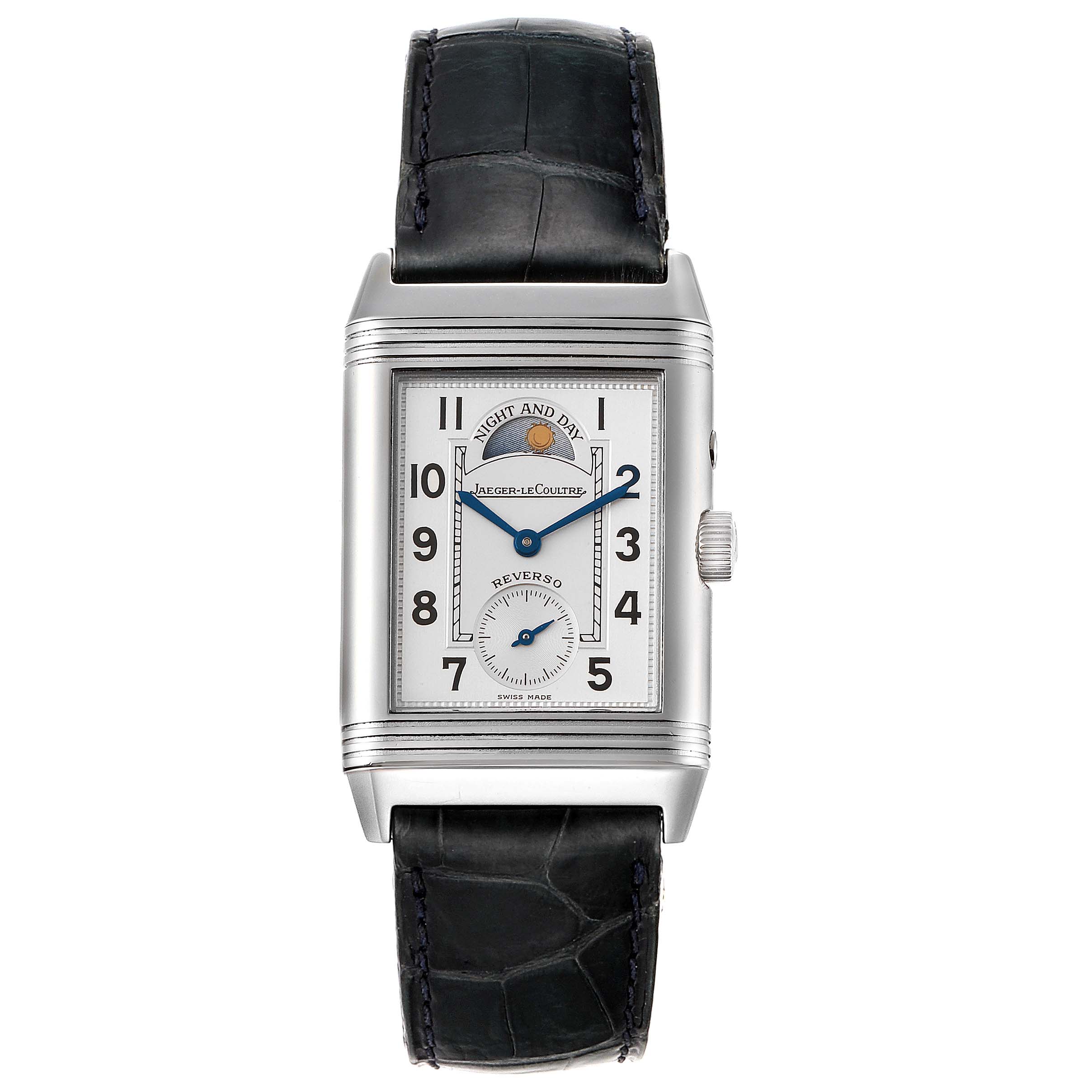 The image shows a front view of a Jaeger LeCoultre Reverso Q270854 Men's Stainless Steel Silver Dial Q270854 Men's Stainless Steel Silver Dial watch with its dial, numerals, and leather strap visible.