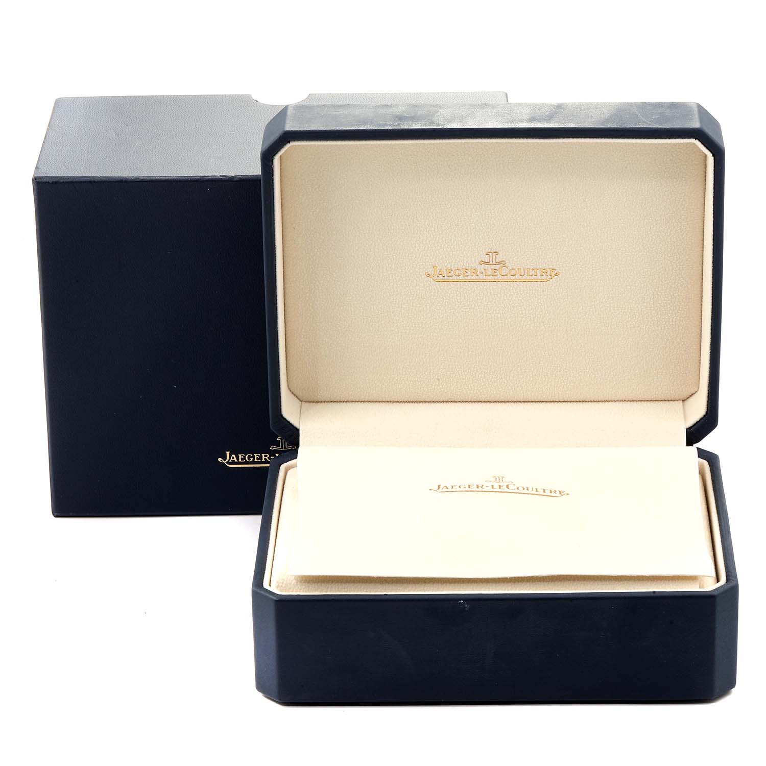 This image shows the open box and packaging for a Jaeger LeCoultre Reverso Q270854 Men's Stainless Steel Silver Dial Q270854 Men's Stainless Steel Silver Dial watch.