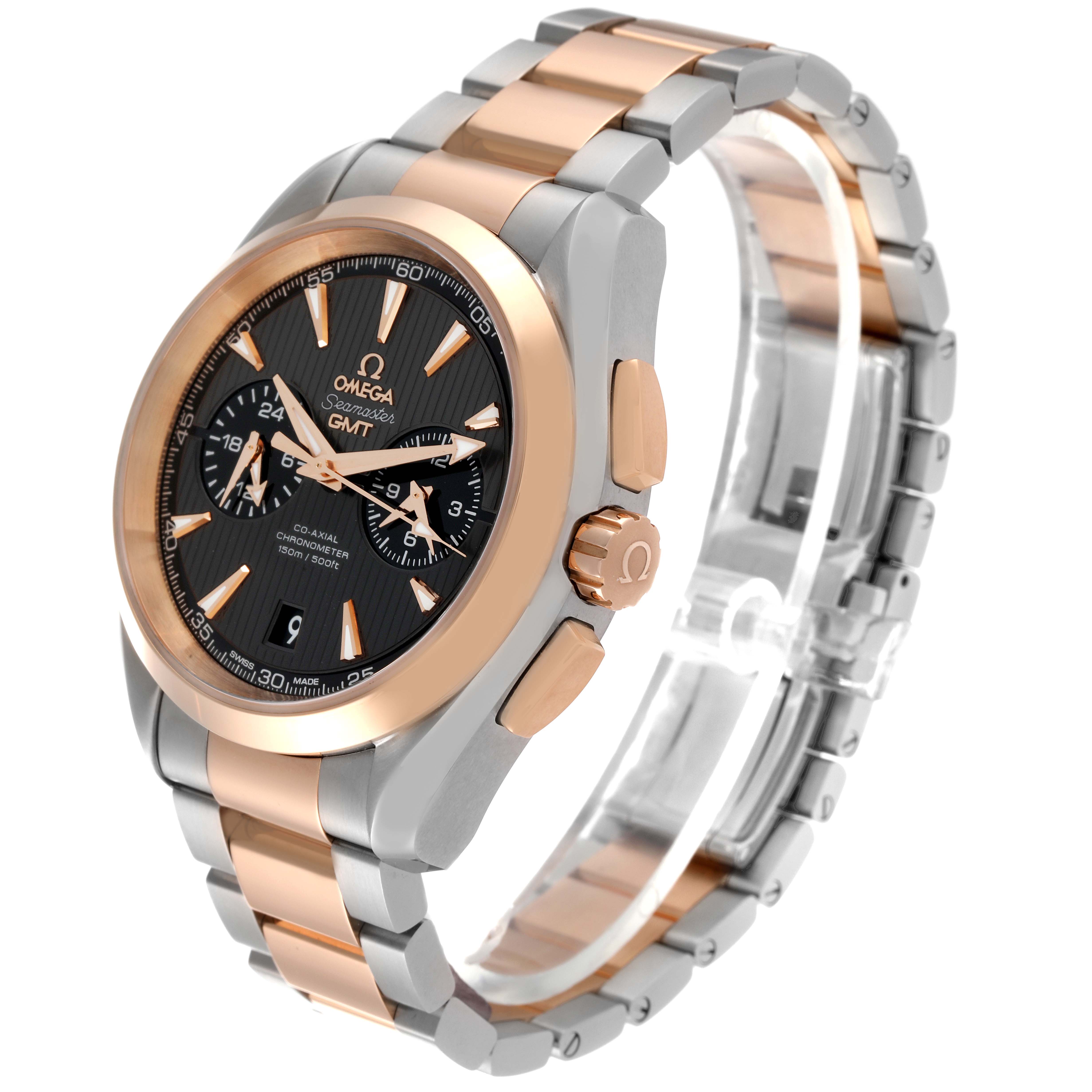 The Omega Aqua Terra 231.20.43.52.06.001 Men
s Steel and Gold (two tone) Grey Dial 231.20.43.52.06.001 Men
s Steel and Gold (two tone) Grey Dial model watch is shown from a 3/4 angle, displaying its two-tone bracelet, bezel, crown, and face clearly.