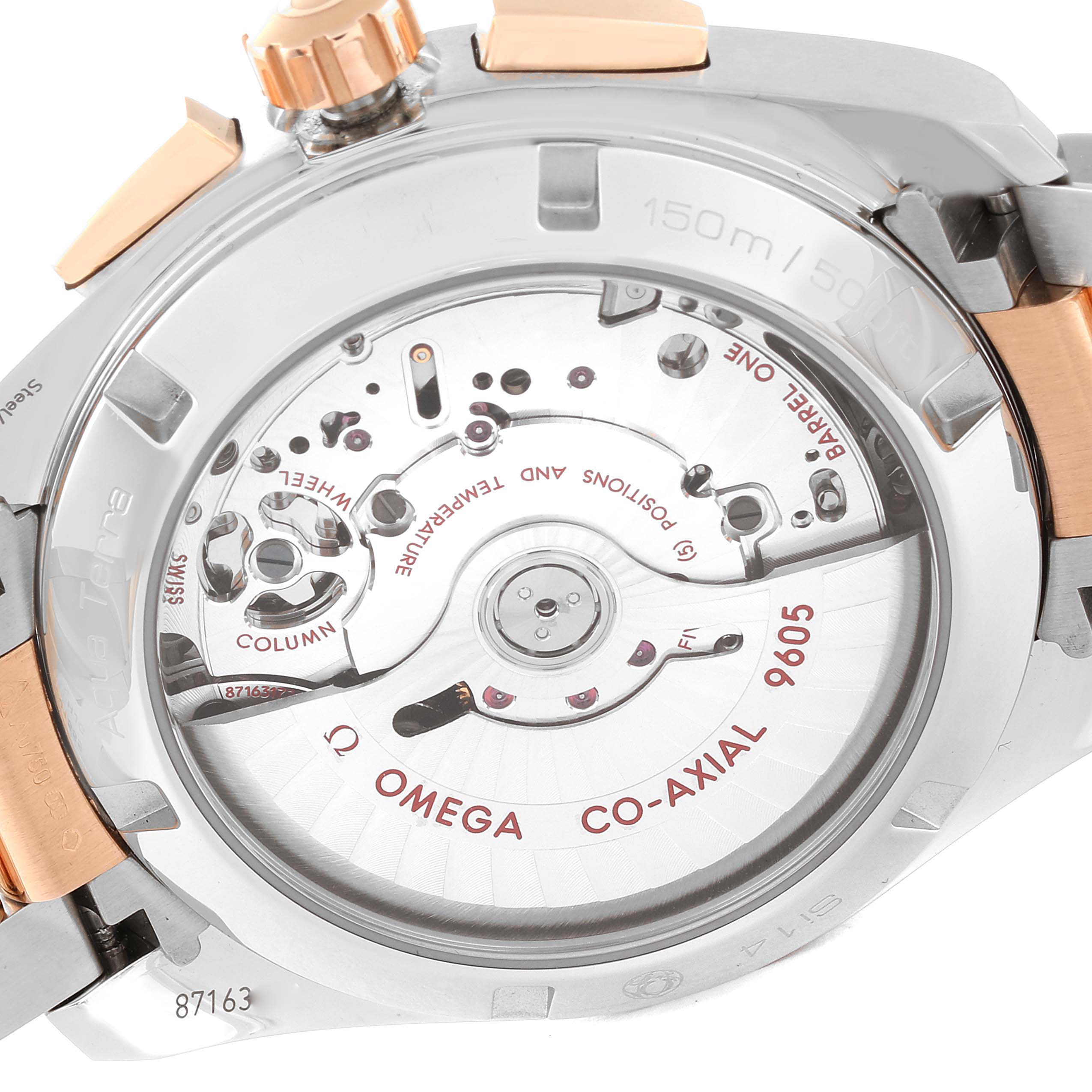 The image shows the back view of the Omega Aqua Terra 231.20.43.52.06.001 Men
s Steel and Gold (two tone) Grey Dial 231.20.43.52.06.001 Men
s Steel and Gold (two tone) Grey Dial watch, highlighting its internal mechanics and co-axial movement.