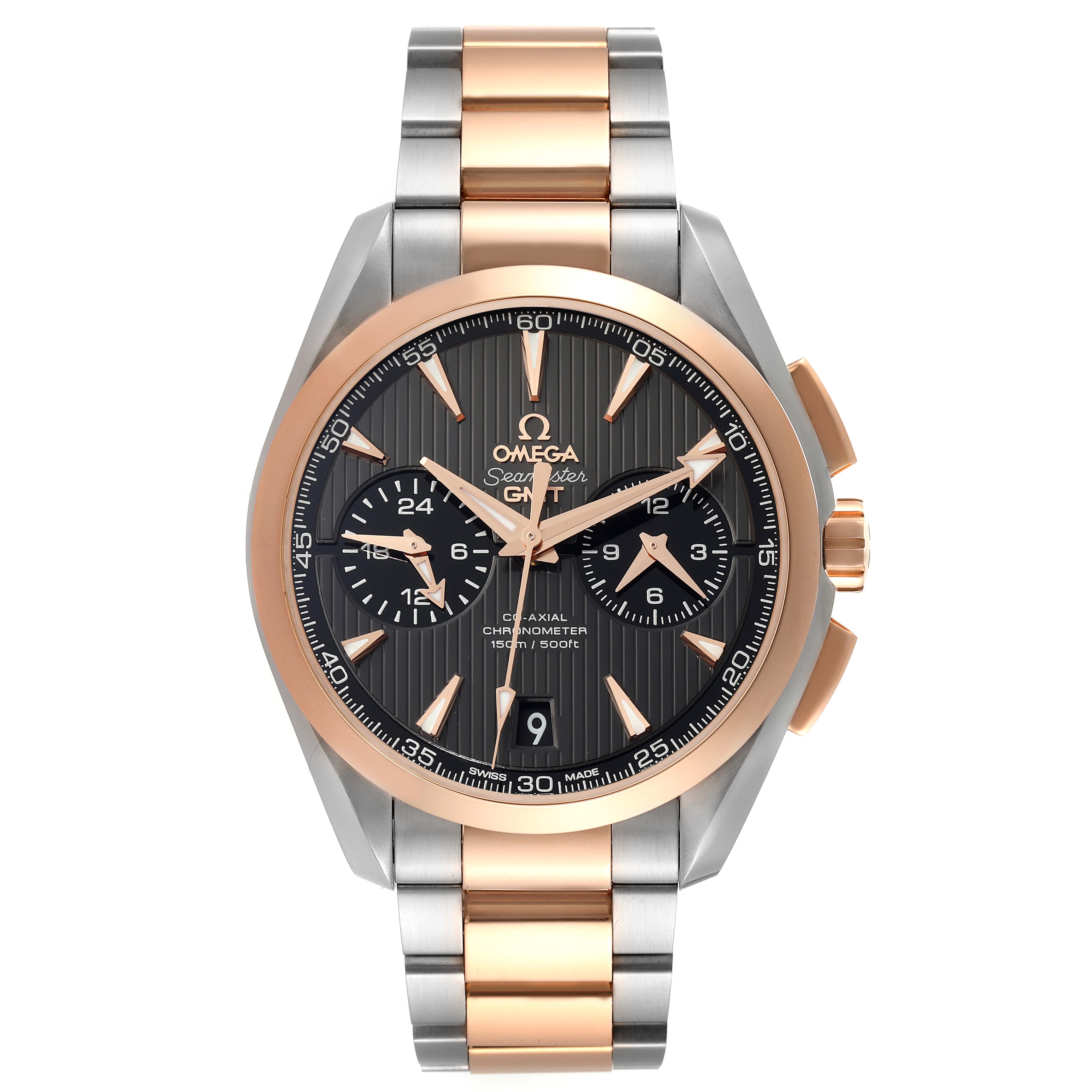 The image shows a front angle of the Omega Aqua Terra 231.20.43.52.06.001 Men
s Steel and Gold (two tone) Grey Dial 231.20.43.52.06.001 Men
s Steel and Gold (two tone) Grey Dial watch, highlighting the face, bezel, and bracelet.