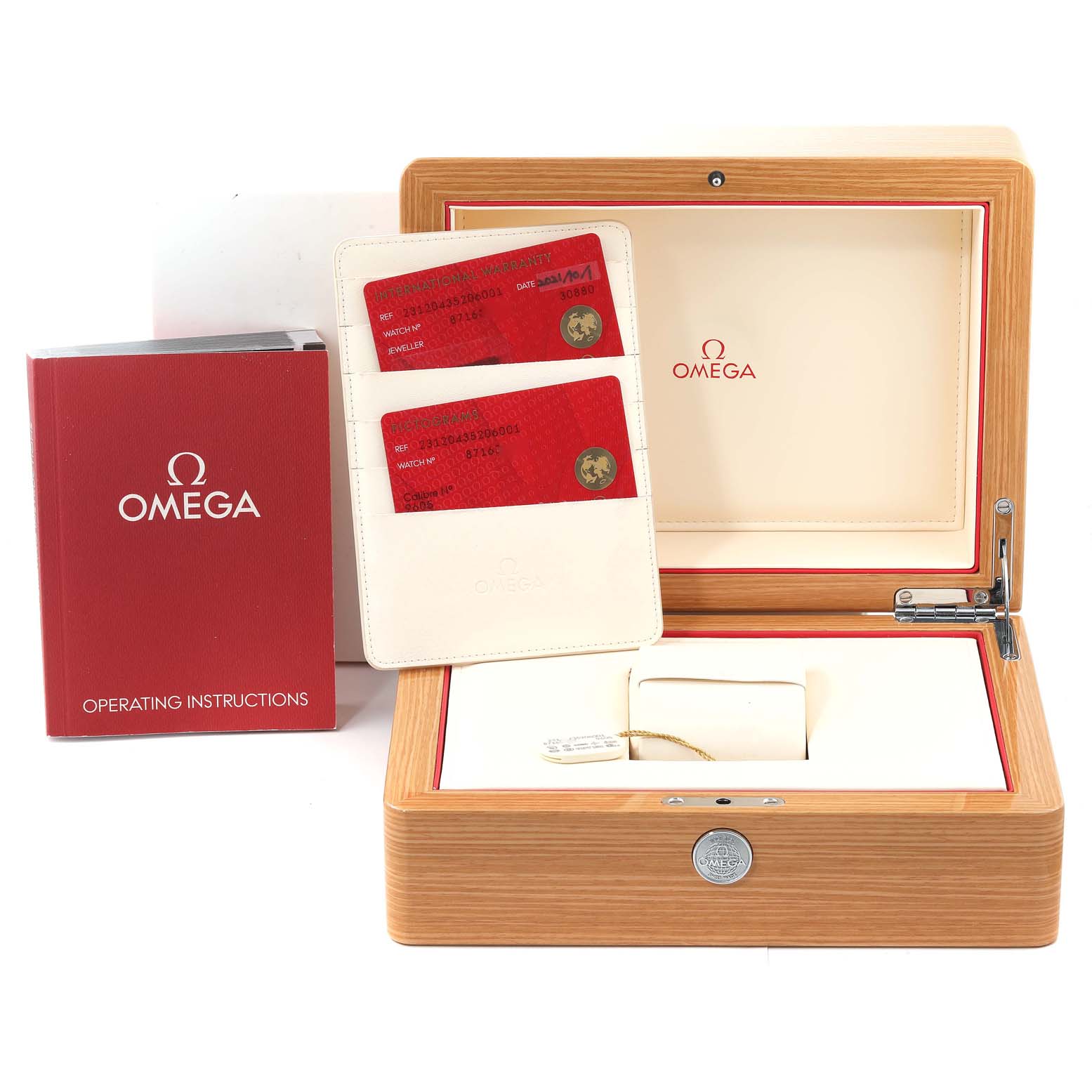 The image shows the packaging and accessories of an Omega Aqua Terra 231.20.43.52.06.001 Men
s Steel and Gold (two tone) Grey Dial 231.20.43.52.06.001 Men
s Steel and Gold (two tone) Grey Dial watch, including the box, operating instructions, warranty cards, and tag.