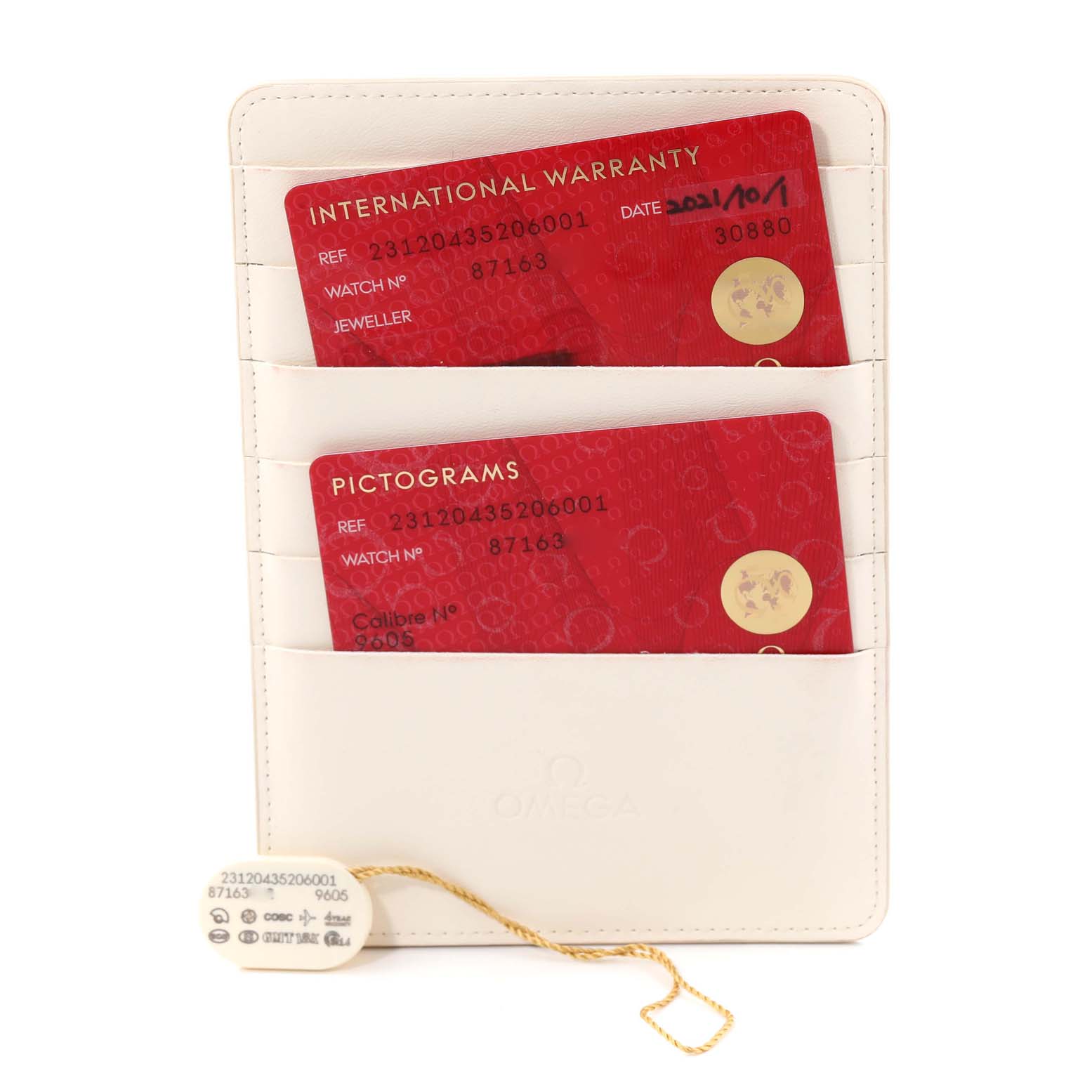 The image shows the international warranty and pictogram cards for the Omega Aqua Terra 231.20.43.52.06.001 Men
s Steel and Gold (two tone) Grey Dial 231.20.43.52.06.001 Men
s Steel and Gold (two tone) Grey Dial watch inside a white cardholder.