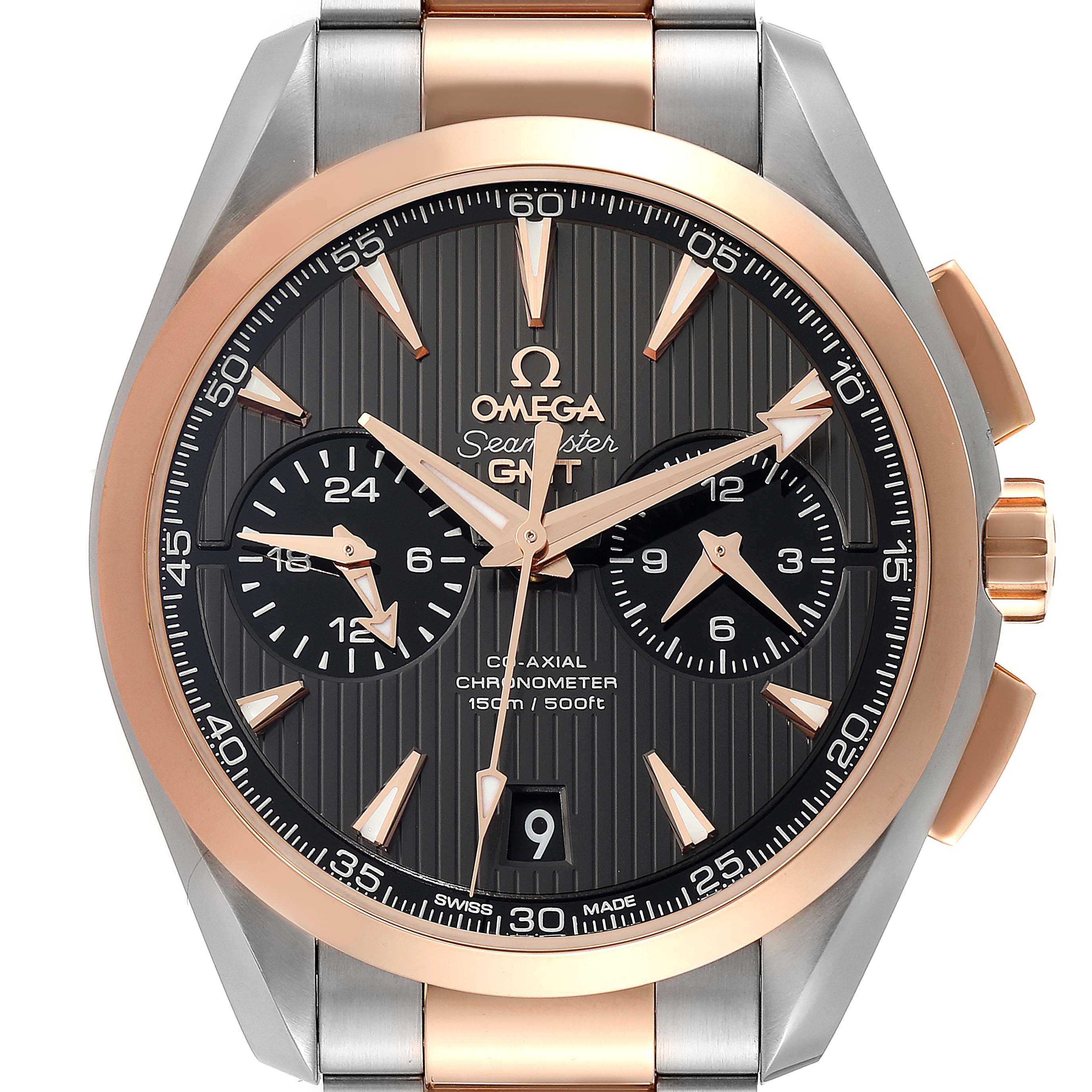 This is a front-facing shot of the Omega Aqua Terra 231.20.43.52.06.001 Men
s Steel and Gold (two tone) Grey Dial 231.20.43.52.06.001 Men
s Steel and Gold (two tone) Grey Dial watch, showing the dial, bezel, and part of the bracelet.