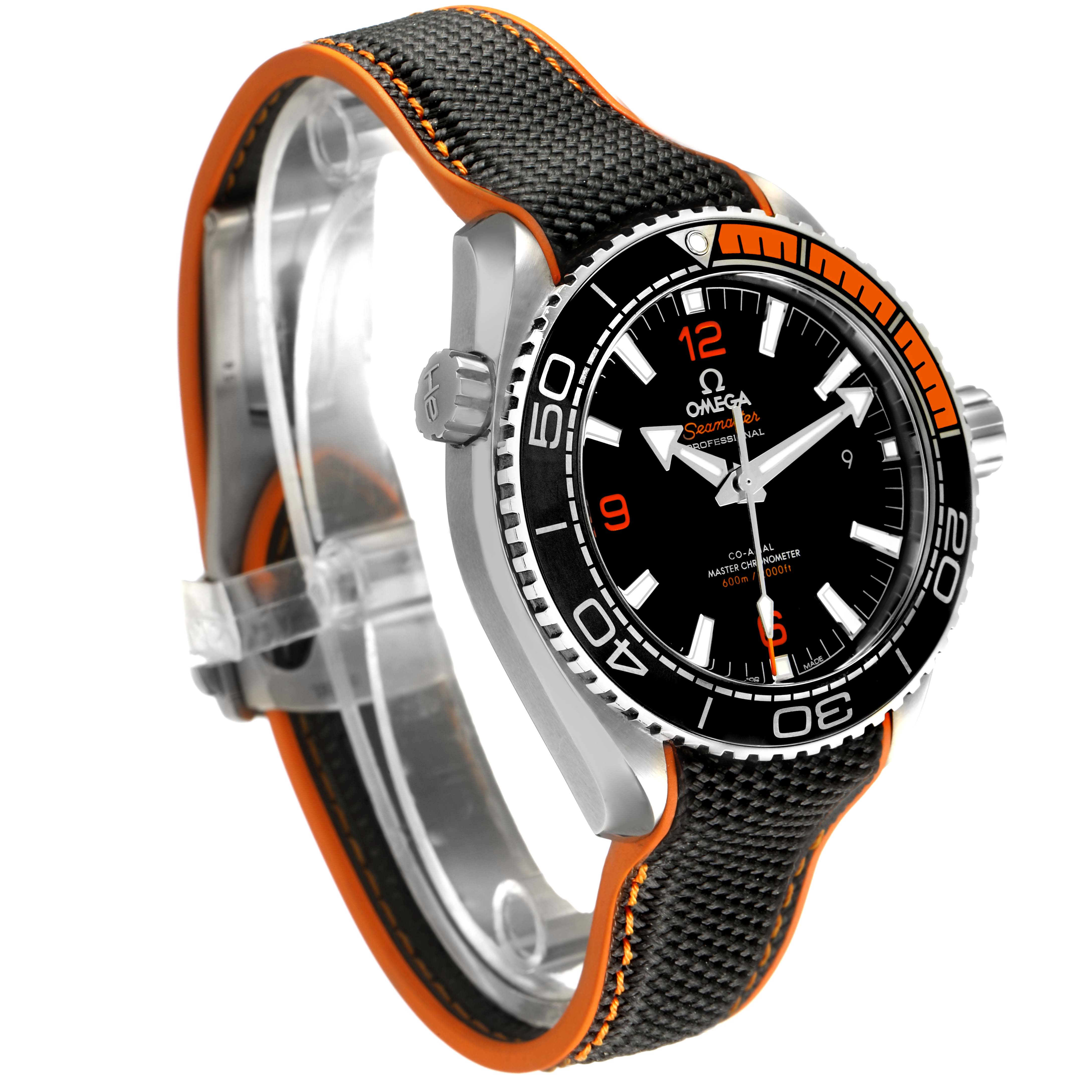 The Omega Planet Ocean 215.32.44.21.01.001 Men's Stainless Steel Black Dial watch is shown from a three-quarter angle, displaying the face, bezel, crown, and strap with orange accents.