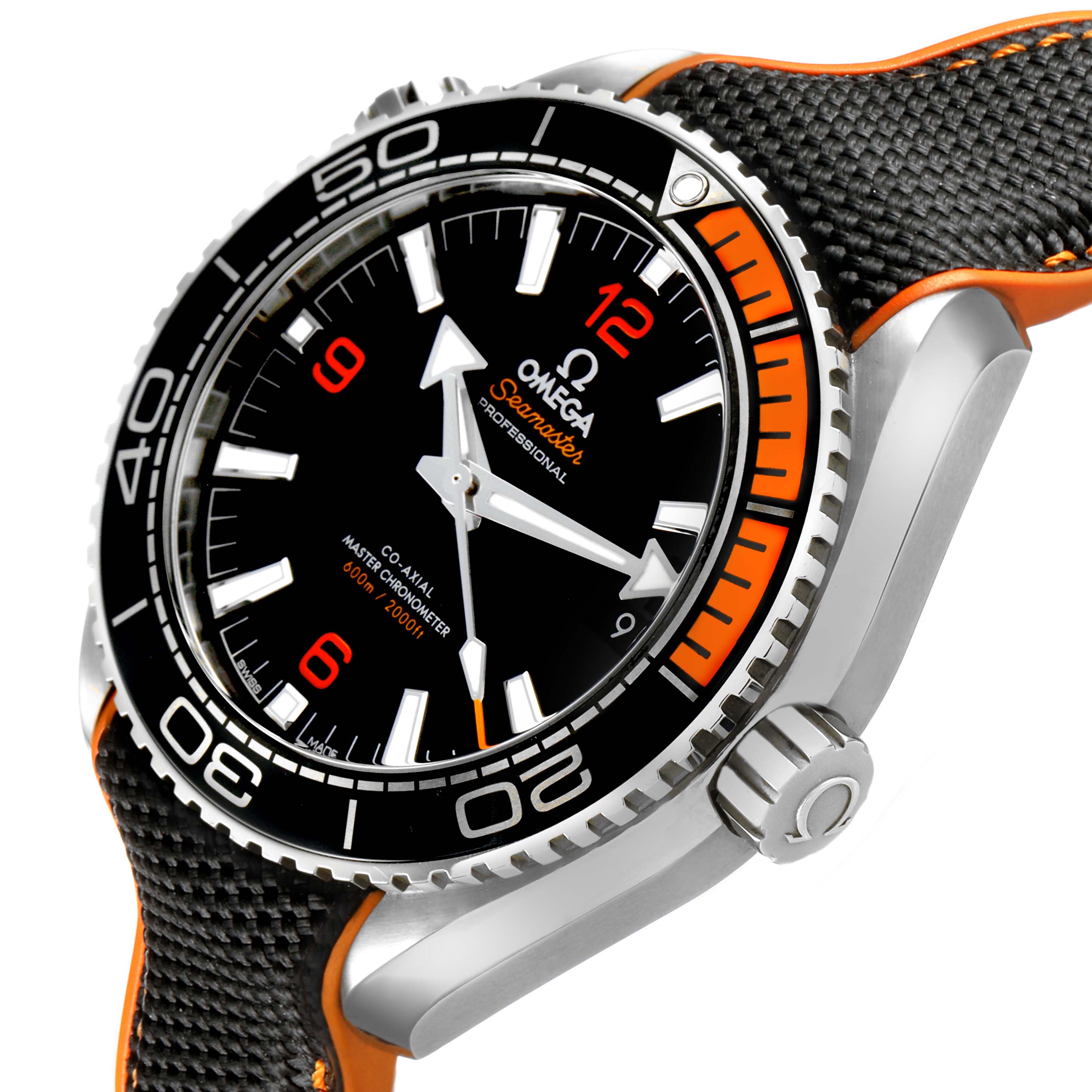 The Omega Planet Ocean 215.32.44.21.01.001 Men's Stainless Steel Black Dial watch is shown at an angle highlighting the bezel, face, crown, and part of the strap.