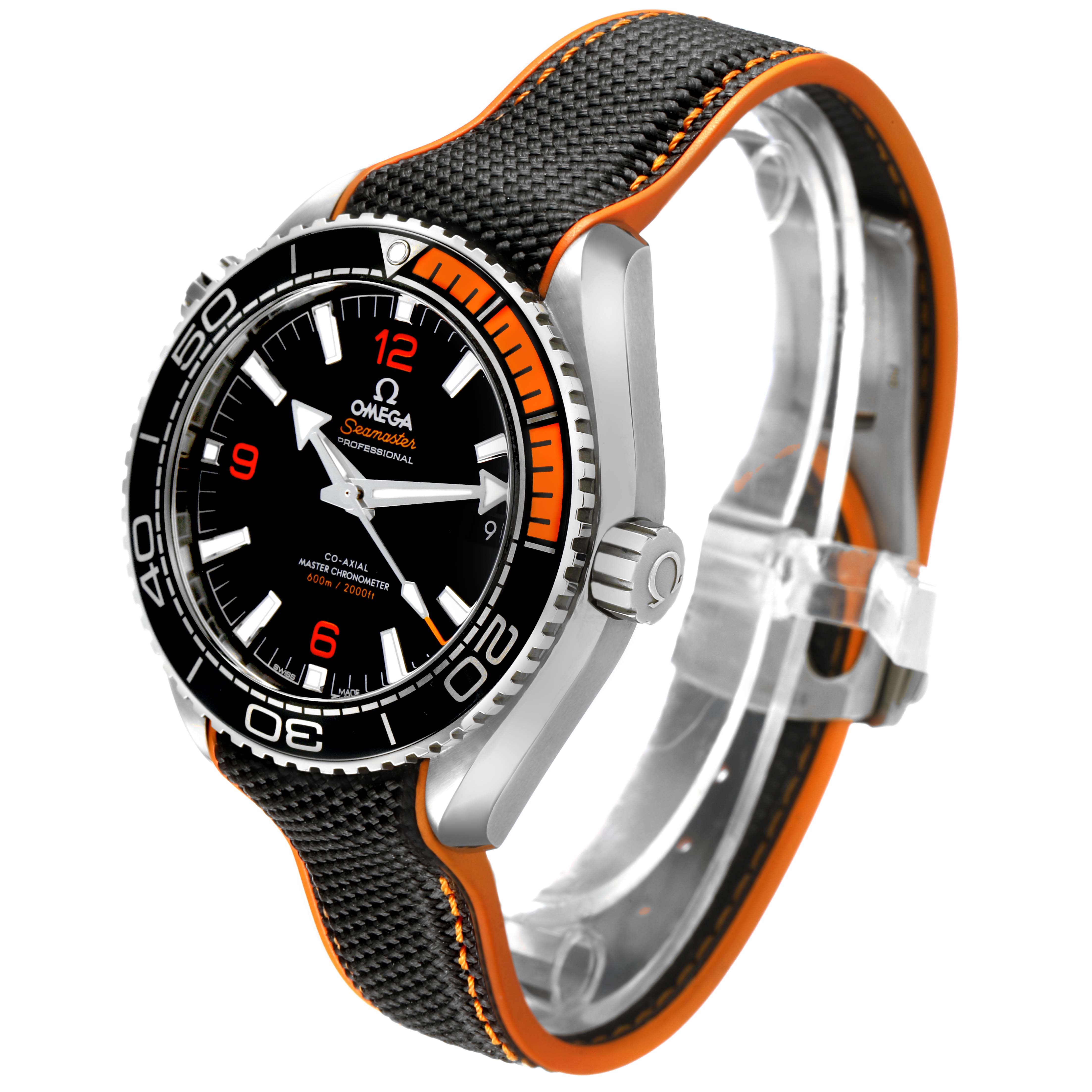 The Omega Planet Ocean 215.32.44.21.01.001 Men's Stainless Steel Black Dial watch is shown at a side angle, displaying the face, bezel, crown, and textured strap with orange accents.