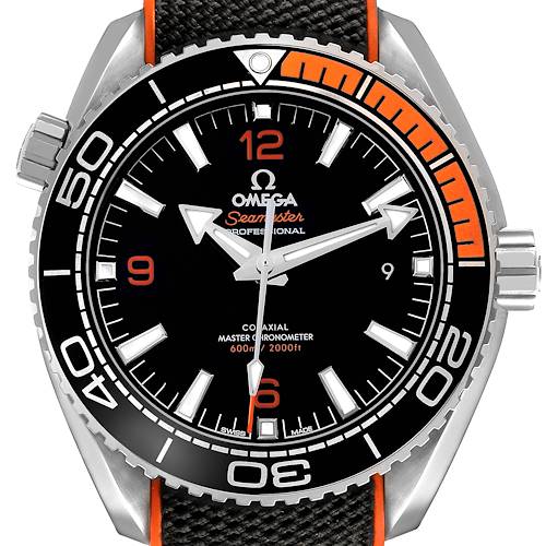 The Omega Planet Ocean 215.32.44.21.01.001 Men's Stainless Steel Black Dial watch is shown from a front angle, featuring the bezel, dial, crown, and strap segments.