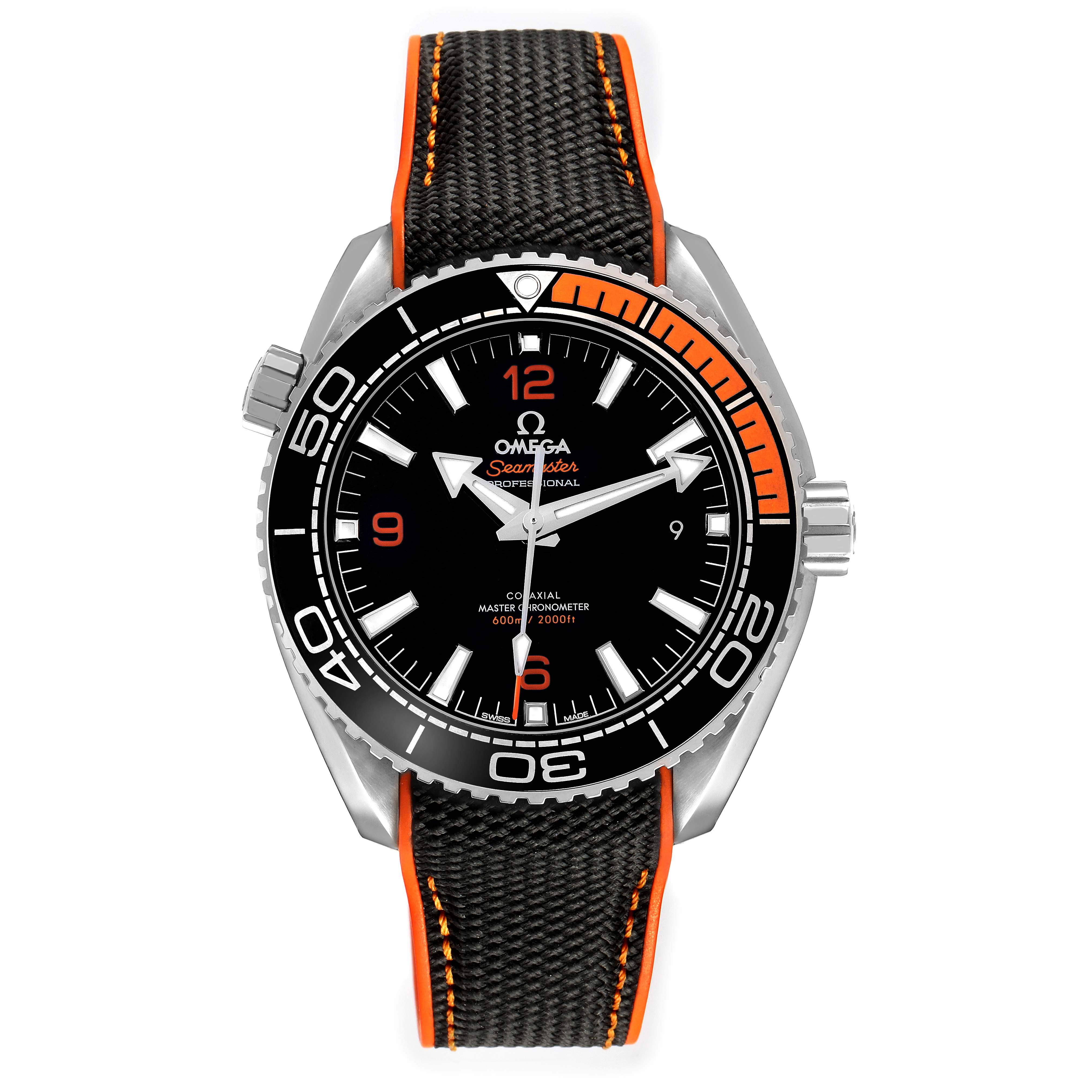 The Omega Planet Ocean 215.32.44.21.01.001 Men's Stainless Steel Black Dial watch is shown from the front, displaying the dial, bezel, crown, and strap with orange accents.