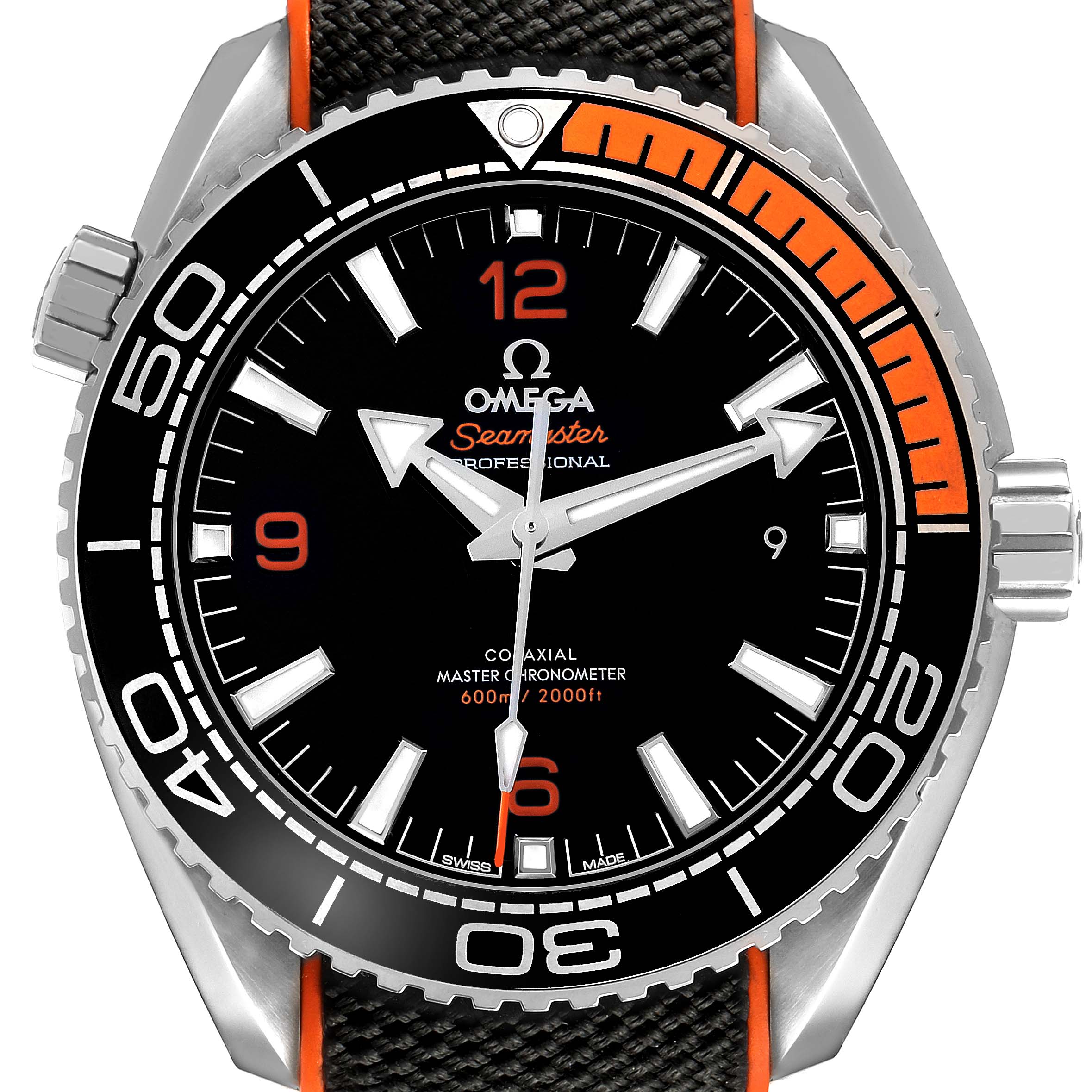The Omega Planet Ocean 215.32.44.21.01.001 Men's Stainless Steel Black Dial watch is shown from a front angle, highlighting the bezel, dial, hands, and crown.