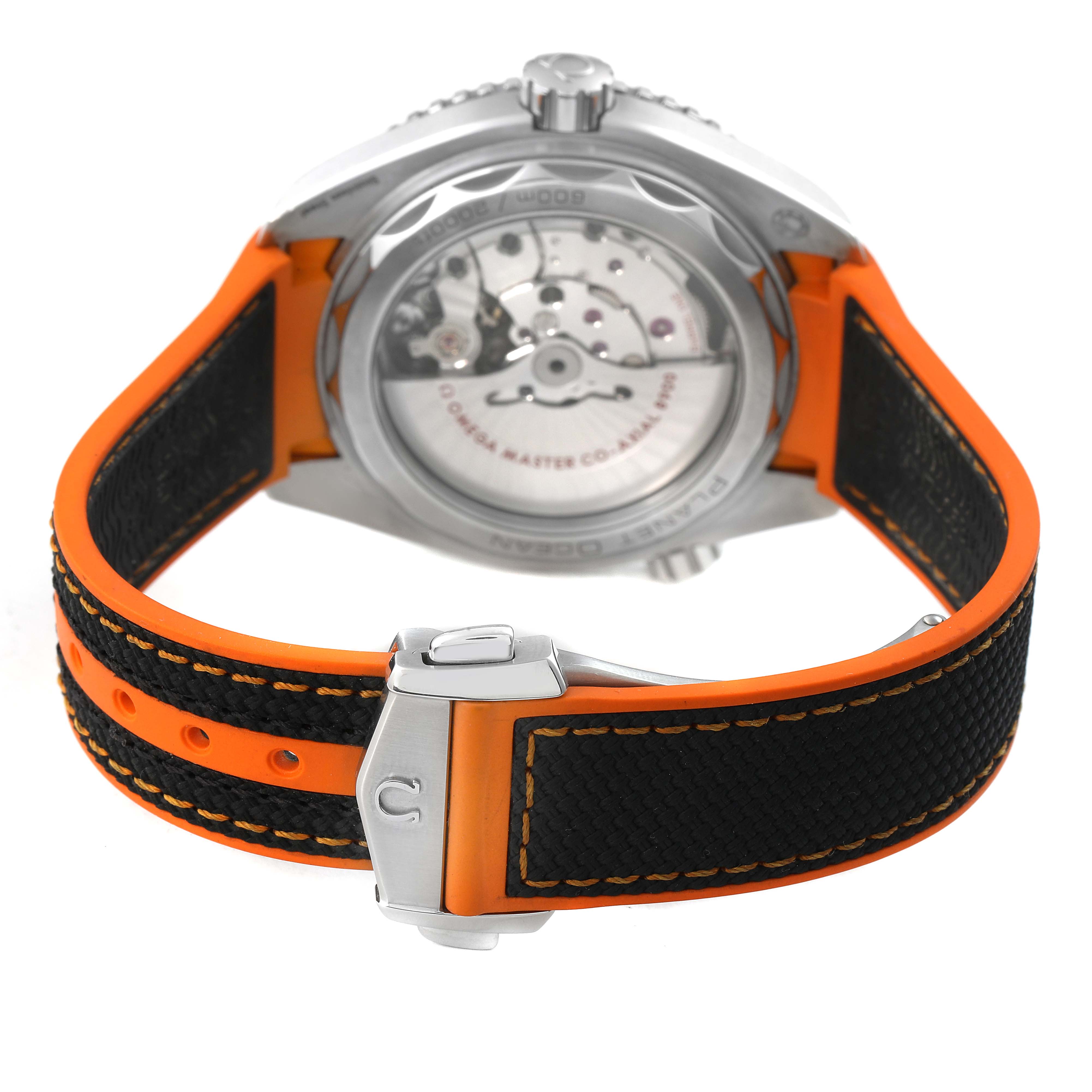 The image shows the back of the Omega Planet Ocean 215.32.44.21.01.001 Men's Stainless Steel Black Dial watch, highlighting the transparent case back and orange-accented strap.