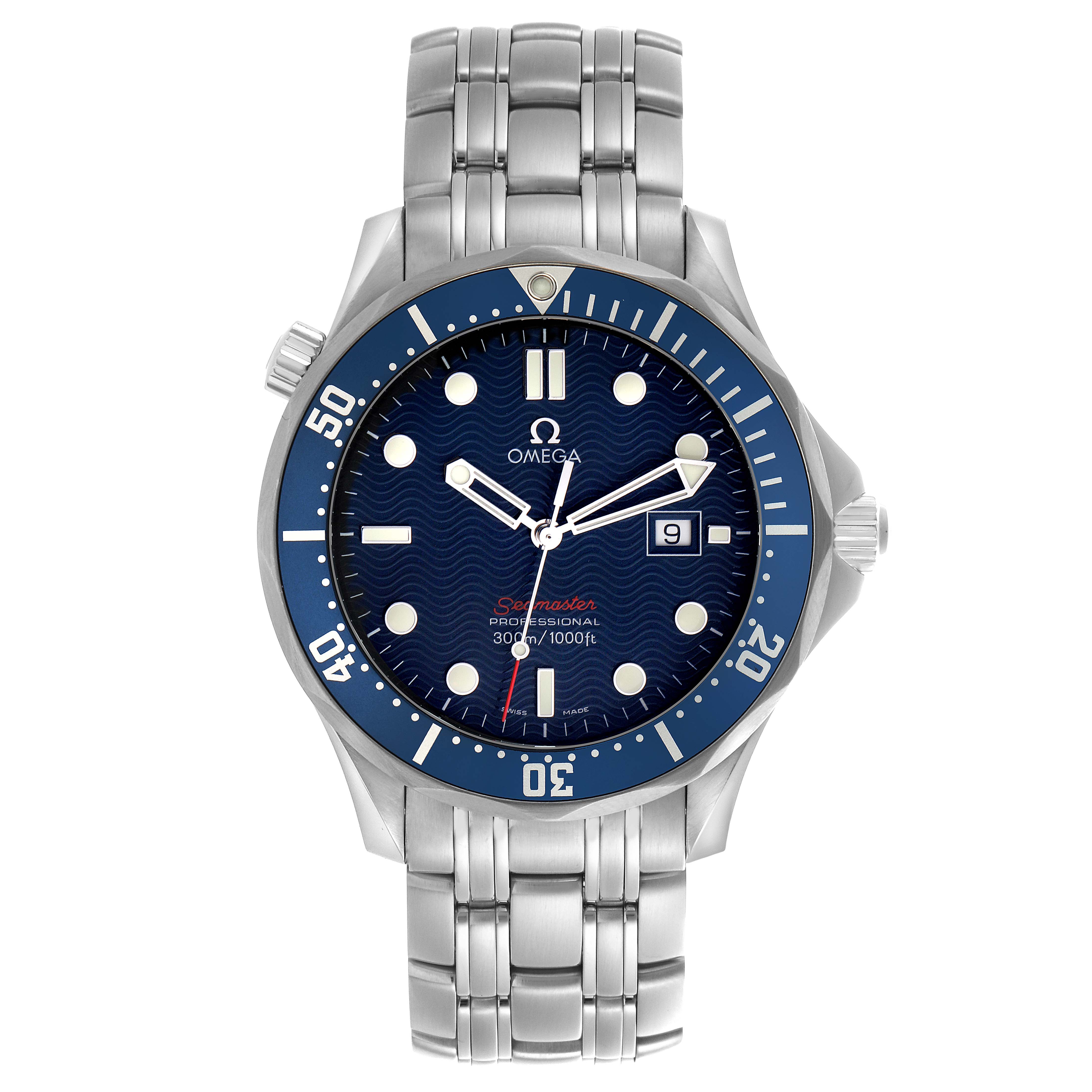 The Omega Seamaster 2221.80.00 Men's Stainless Steel Blue Dial 2221.80.00 Men's Stainless Steel Blue Dial watch is shown from a top-down angle, displaying its face, bezel, and stainless steel bracelet.
