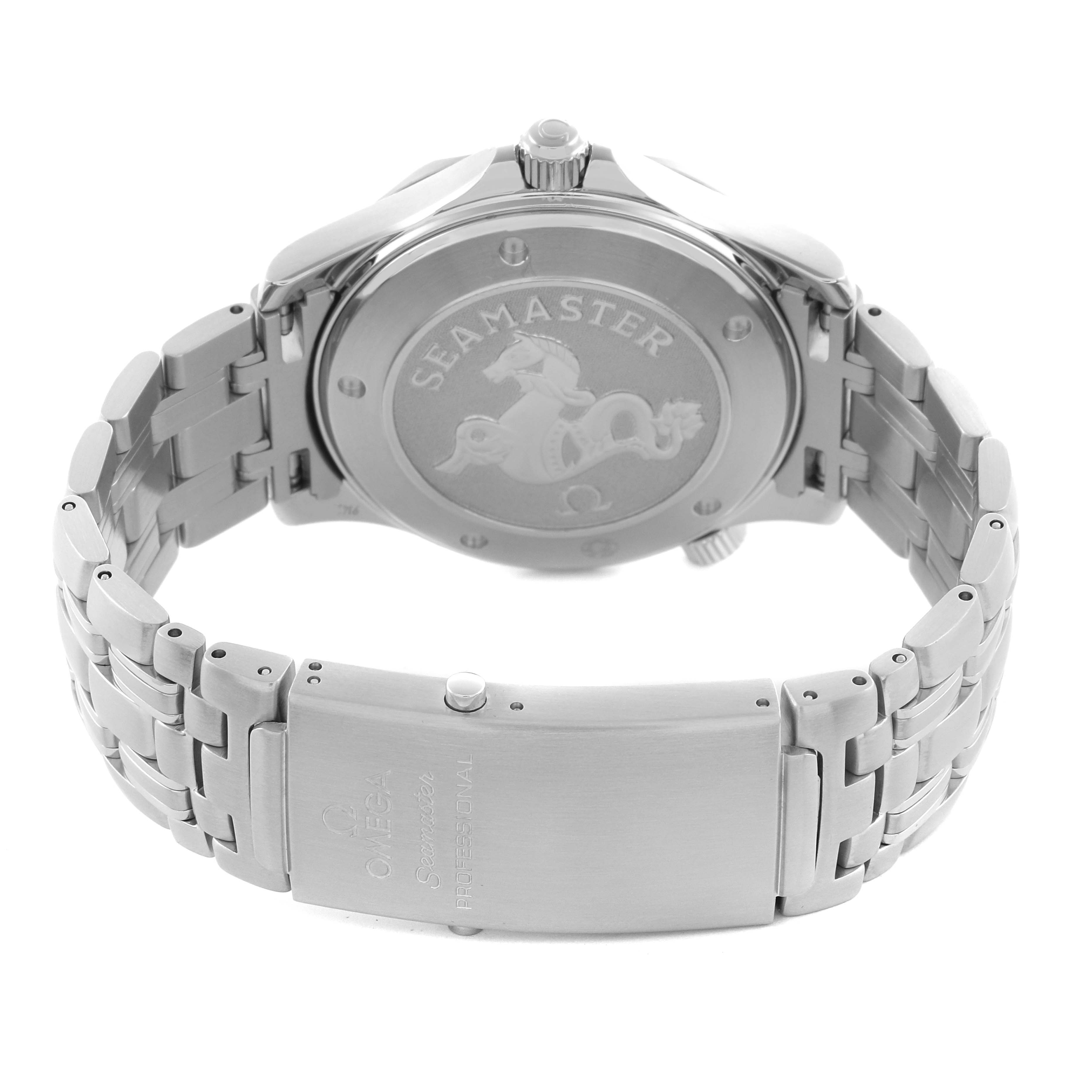 The image shows the back view of an Omega Seamaster 2221.80.00 Men's Stainless Steel Blue Dial 2221.80.00 Men's Stainless Steel Blue Dial watch, highlighting its engraved case back and metal bracelet with clasp.