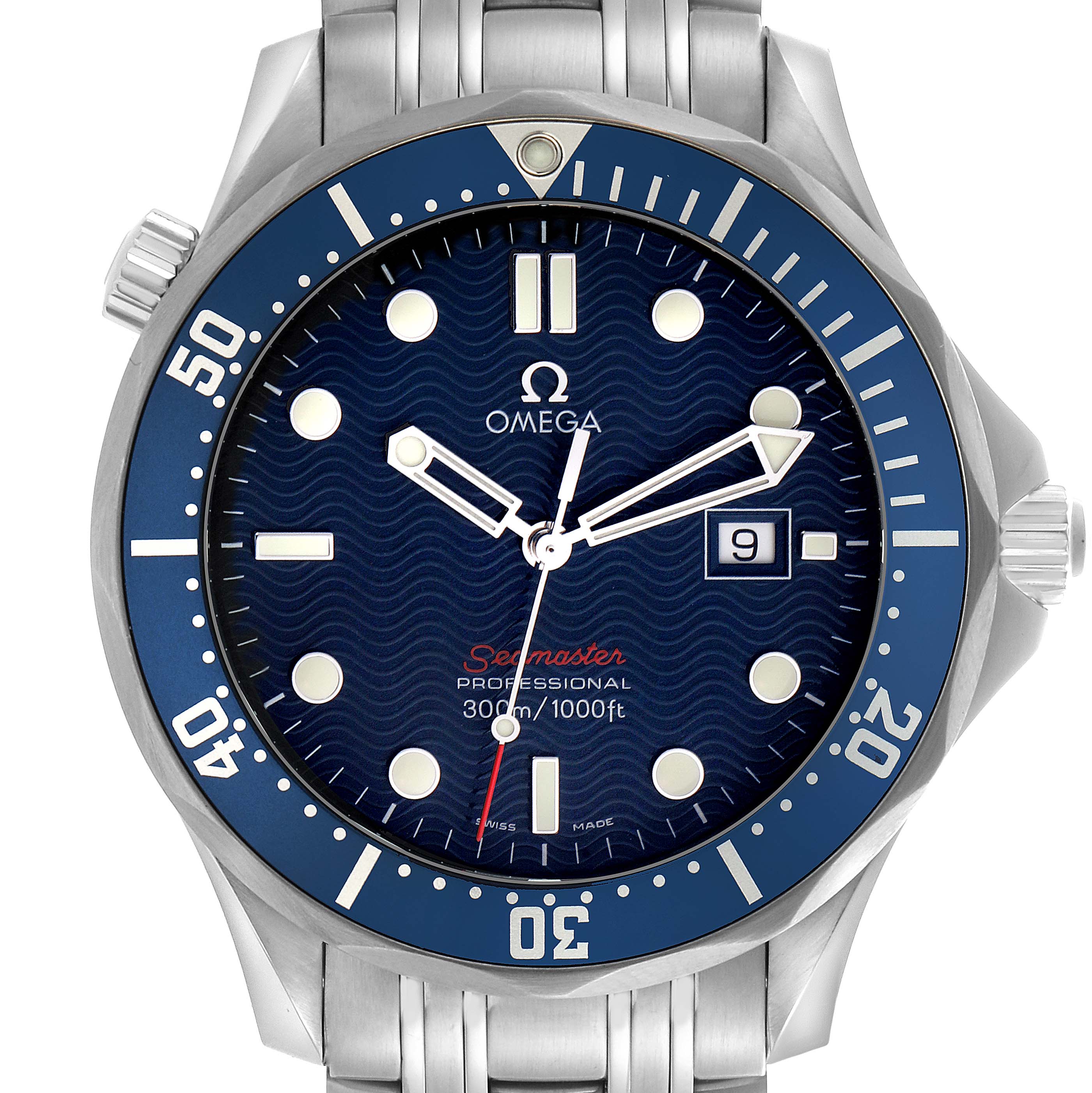The Omega Seamaster 2221.80.00 Men's Stainless Steel Blue Dial 2221.80.00 Men's Stainless Steel Blue Dial watch is shown from a front angle, highlighting its dial, bezel, hands, date window, and part of the bracelet.