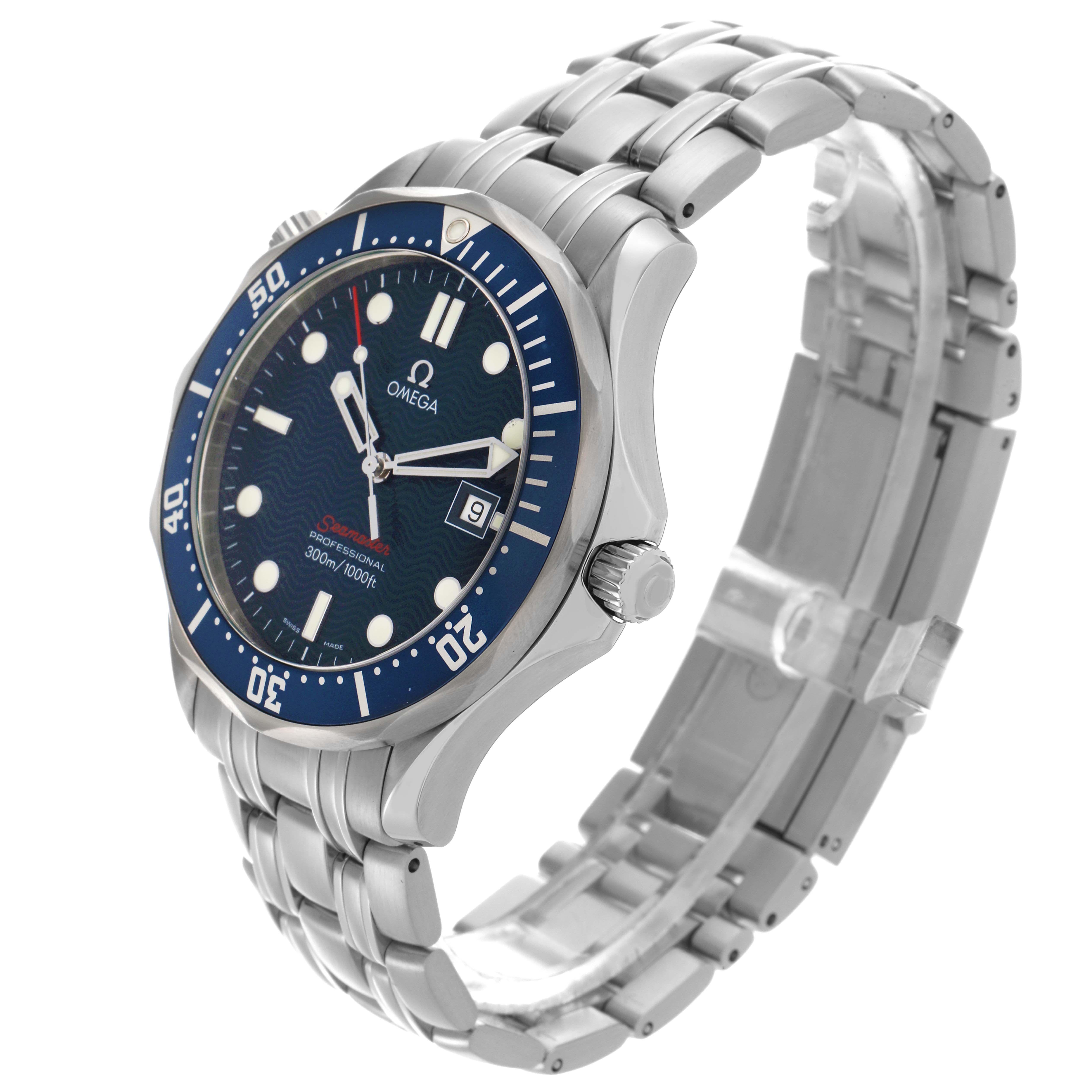 The Omega Seamaster 2221.80.00 Men's Stainless Steel Blue Dial 2221.80.00 Men's Stainless Steel Blue Dial watch is shown at a three-quarter angle, highlighting the face, bezel, crown, and bracelet.