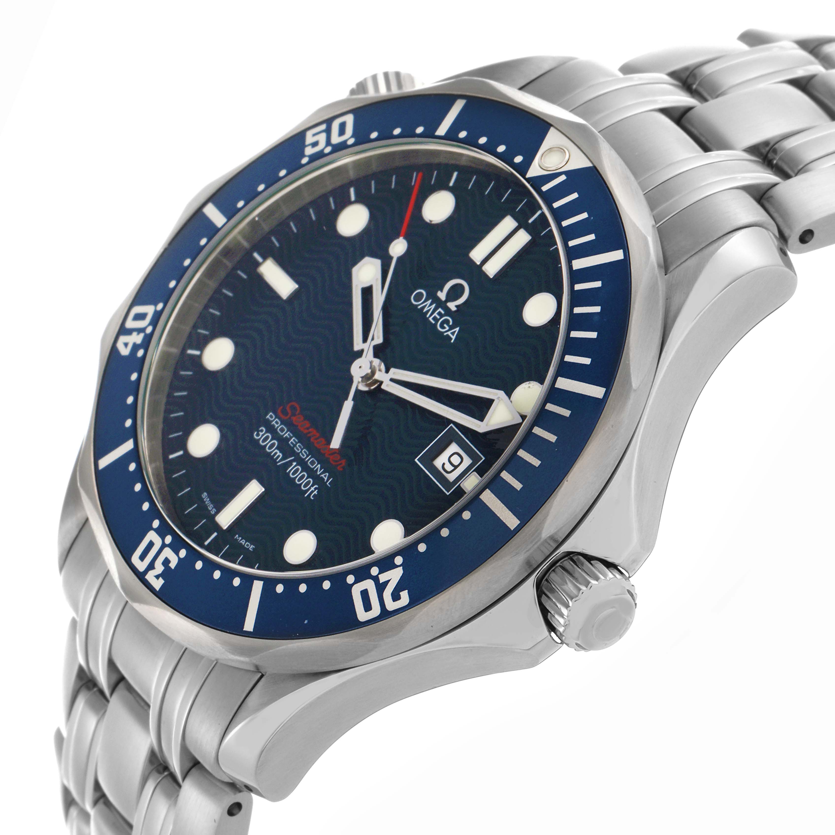 The Omega Seamaster 2221.80.00 Men's Stainless Steel Blue Dial 2221.80.00 Men's Stainless Steel Blue Dial watch is shown from an angled side view, highlighting the blue dial, bezel, and stainless steel bracelet.