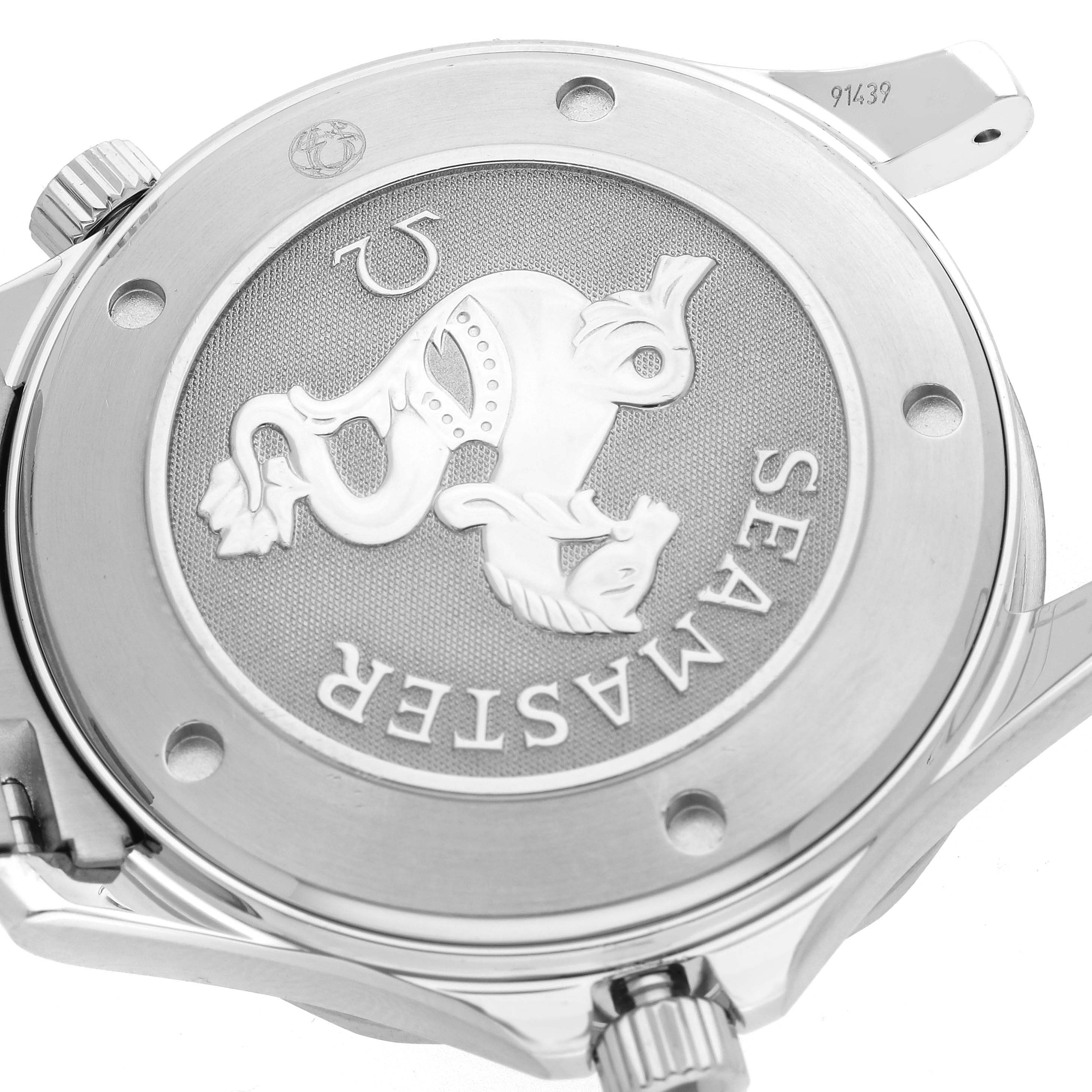 The image shows the case back of the Omega Seamaster 2221.80.00 Men's Stainless Steel Blue Dial 2221.80.00 Men's Stainless Steel Blue Dial watch, highlighting the engraved emblem and "Seamaster" text.