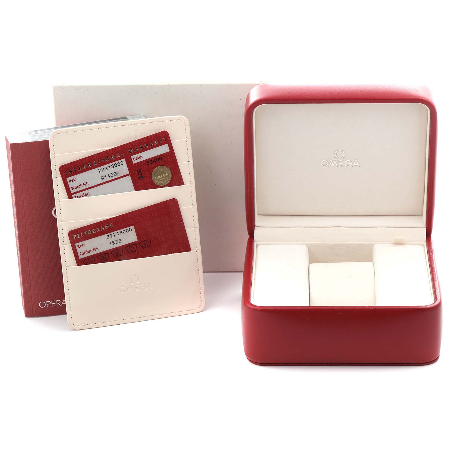 The image shows a red Omega Seamaster 2221.80.00 Men's Stainless Steel Blue Dial 2221.80.00 Men's Stainless Steel Blue Dial watch box, warranty cards, and documentation from an overhead angle.