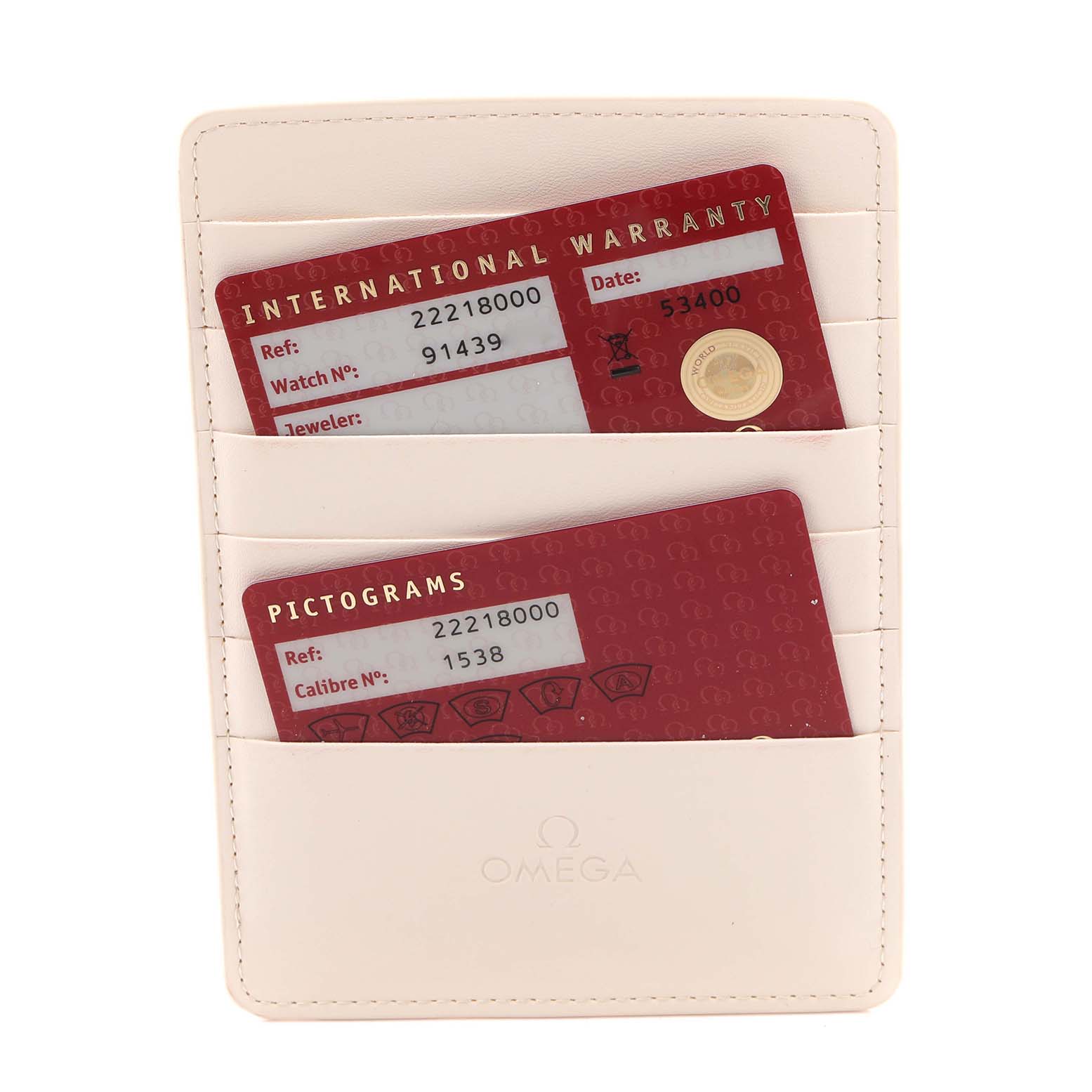 The image shows Omega Seamaster 2221.80.00 Men's Stainless Steel Blue Dial 2221.80.00 Men's Stainless Steel Blue Dial warranty and pictogram cards in a white cardholder.