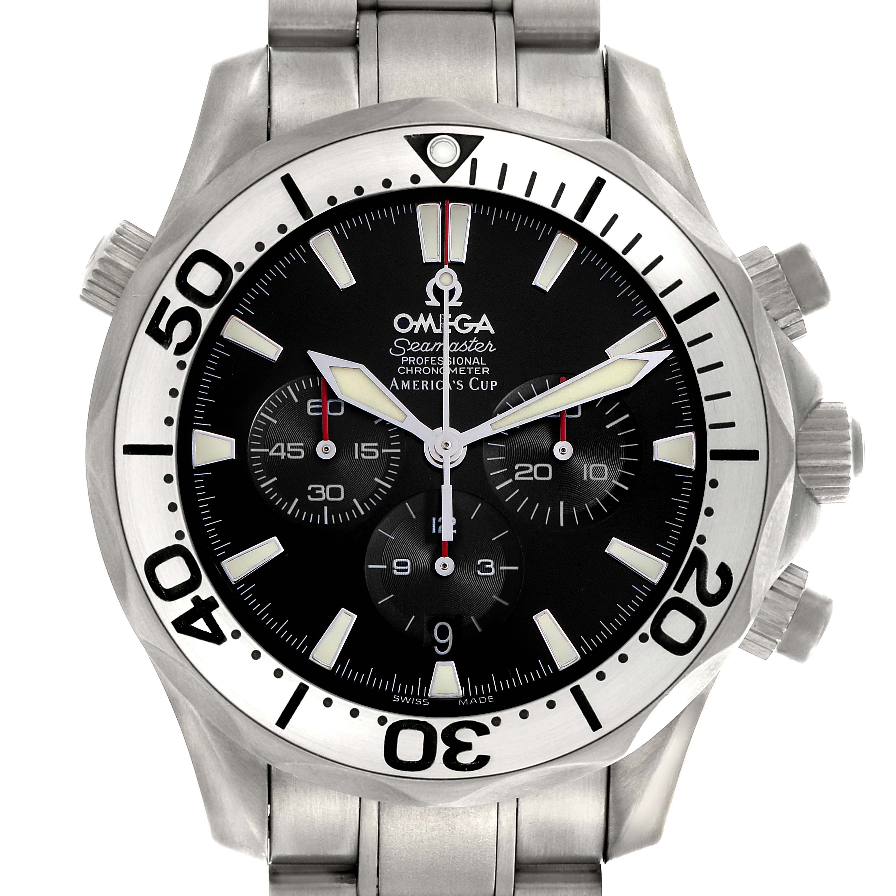 The Omega Seamaster 2293.50.00 Men's Titanium Black Dial 2293.50.00 Men's Titanium Black Dial watch is shown from a frontal angle, displaying its bezel, dial, hands, and chronograph sub-dials clearly.