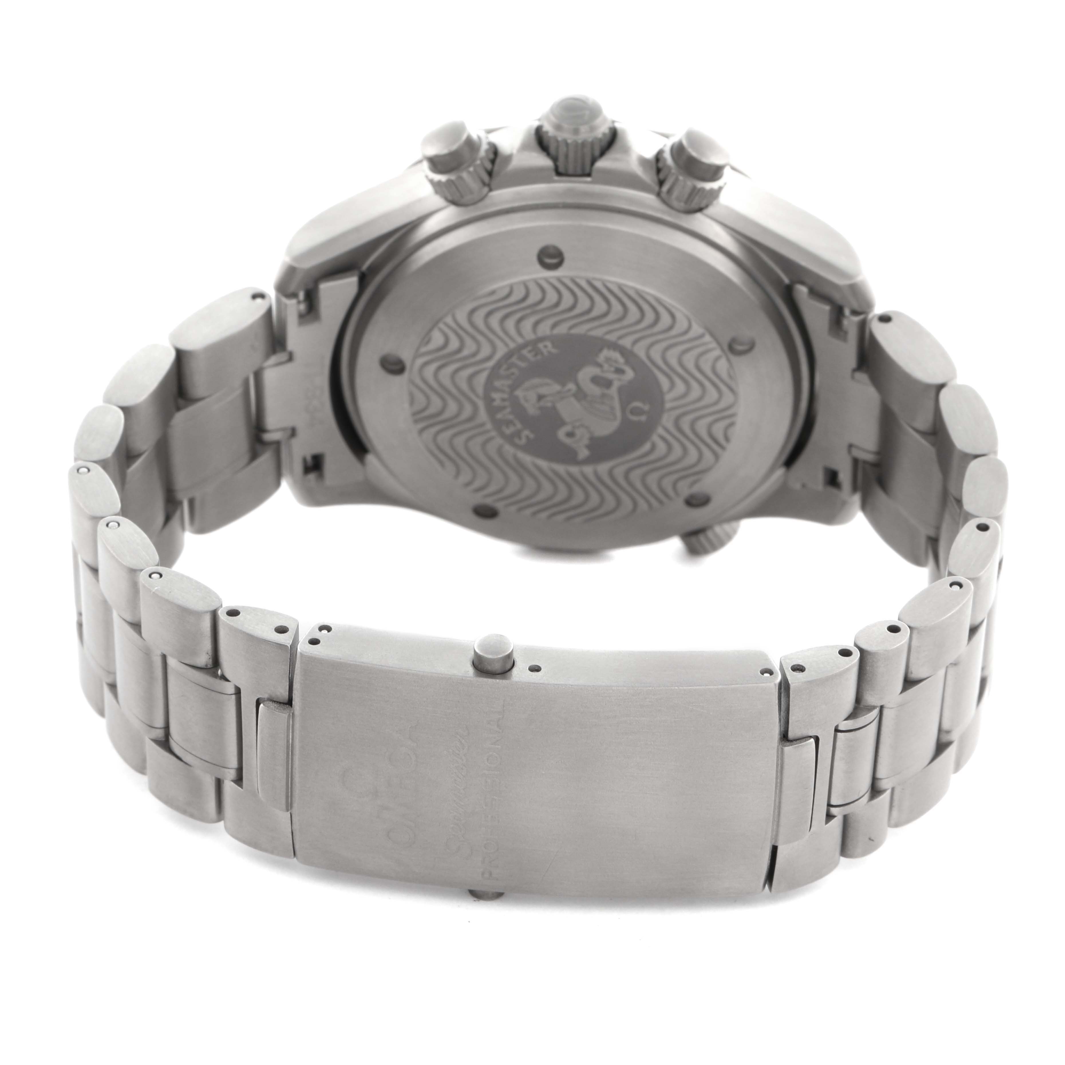 The Omega Seamaster 2293.50.00 Men's Titanium Black Dial 2293.50.00 Men's Titanium Black Dial watch is shown from the back, highlighting the case back, bracelet, and clasp.