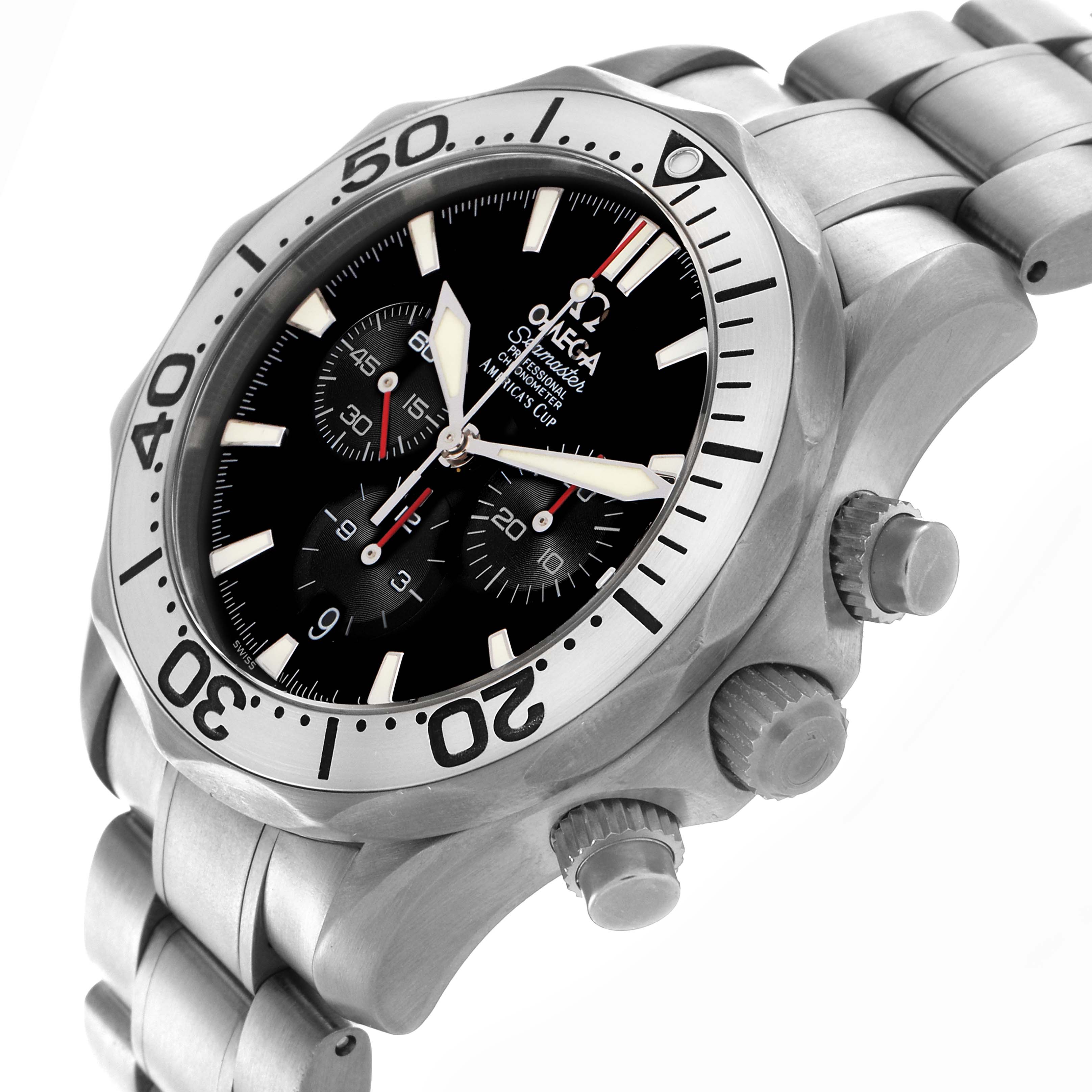 The Omega Seamaster 2293.50.00 Men's Titanium Black Dial 2293.50.00 Men's Titanium Black Dial watch is shown at a tilted angle, highlighting the bezel, dial, bracelet, and side crowns.