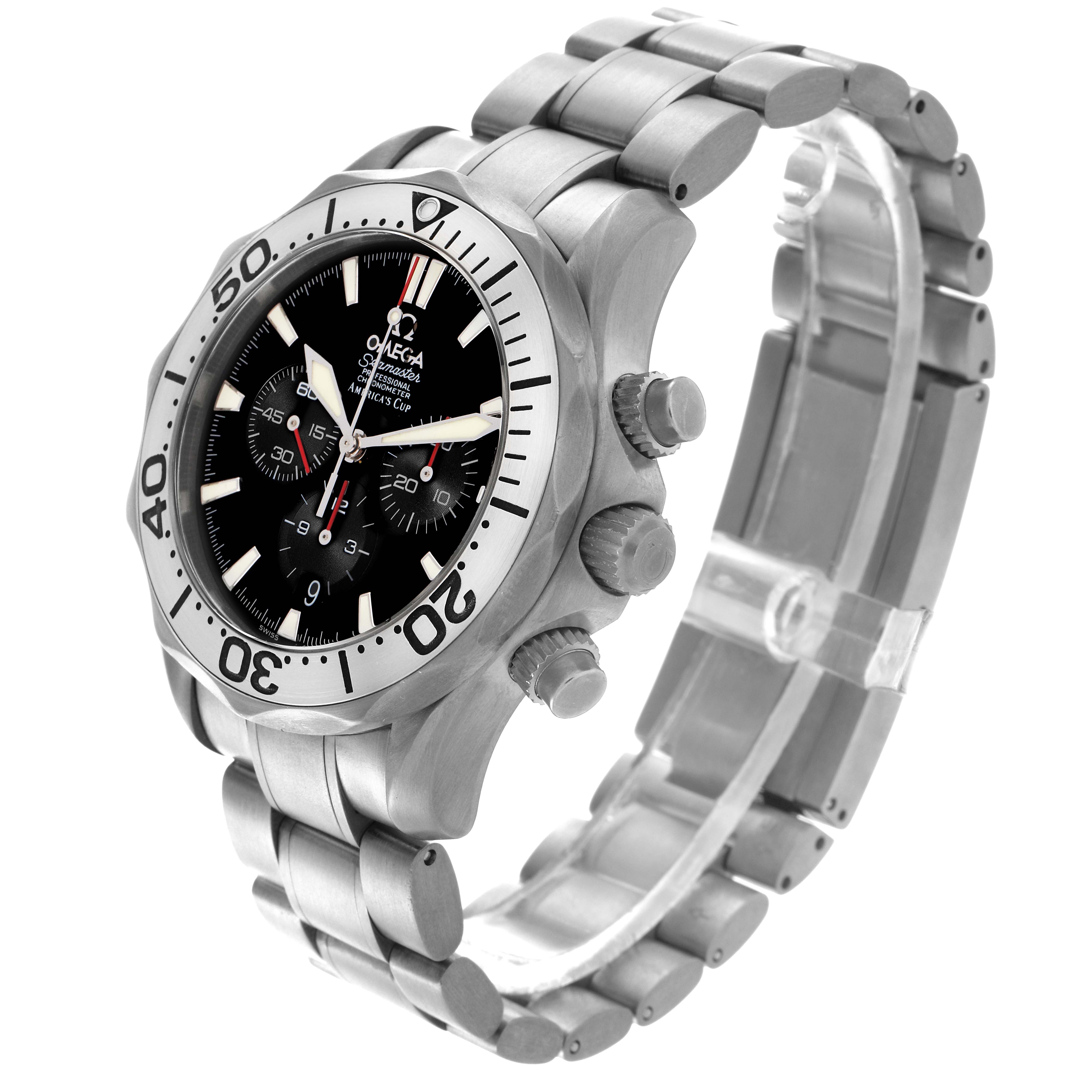 The Omega Seamaster 2293.50.00 Men's Titanium Black Dial 2293.50.00 Men's Titanium Black Dial watch is shown at an angle highlighting its bezel, dial, subdials, bracelet, and crown.