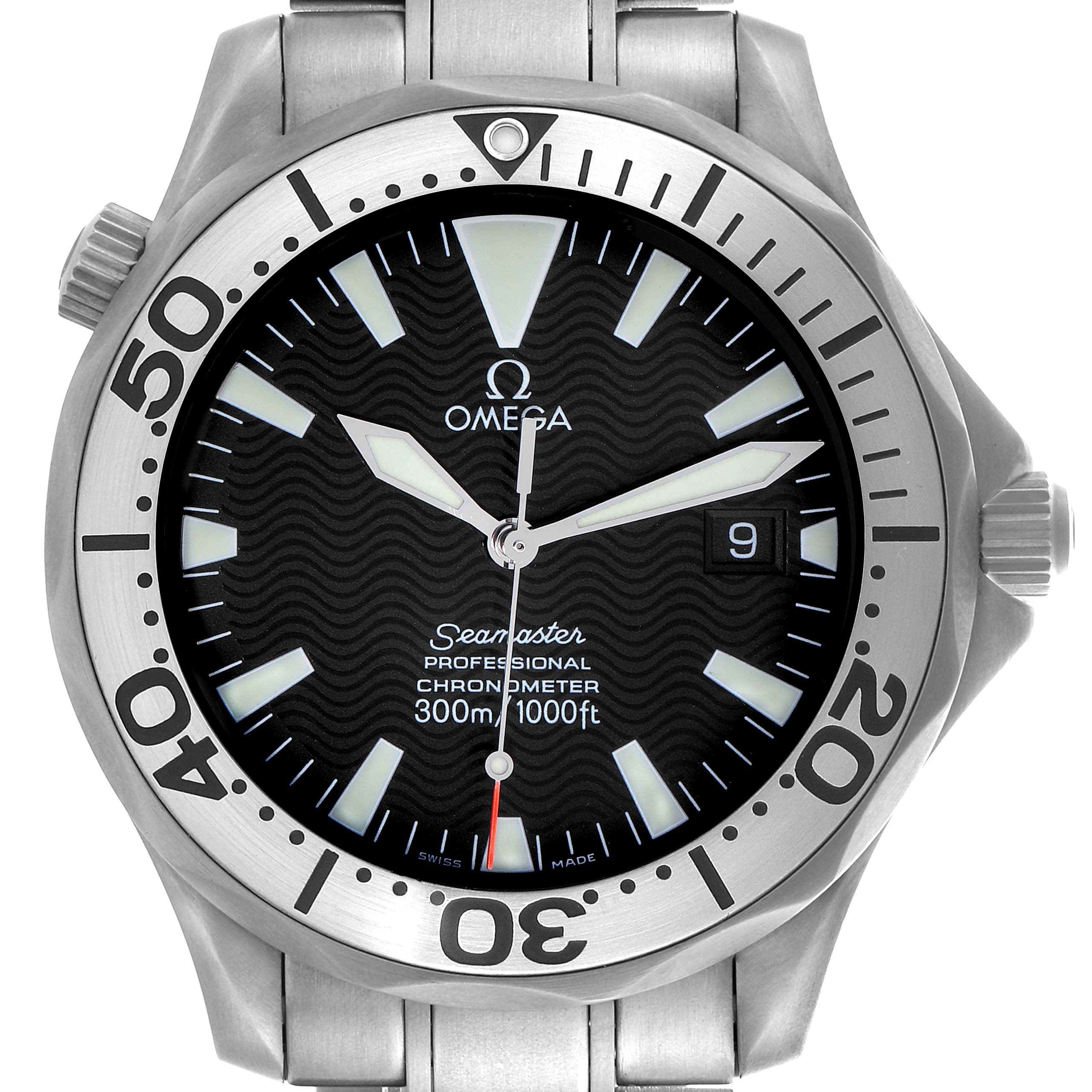 The Omega Seamaster 2231.50.00 Men's Titanium Black Dial 2231.50.00 Men's Titanium Black Dial watch is shown from a front view, highlighting the face, bezel, hands, and bracelet.