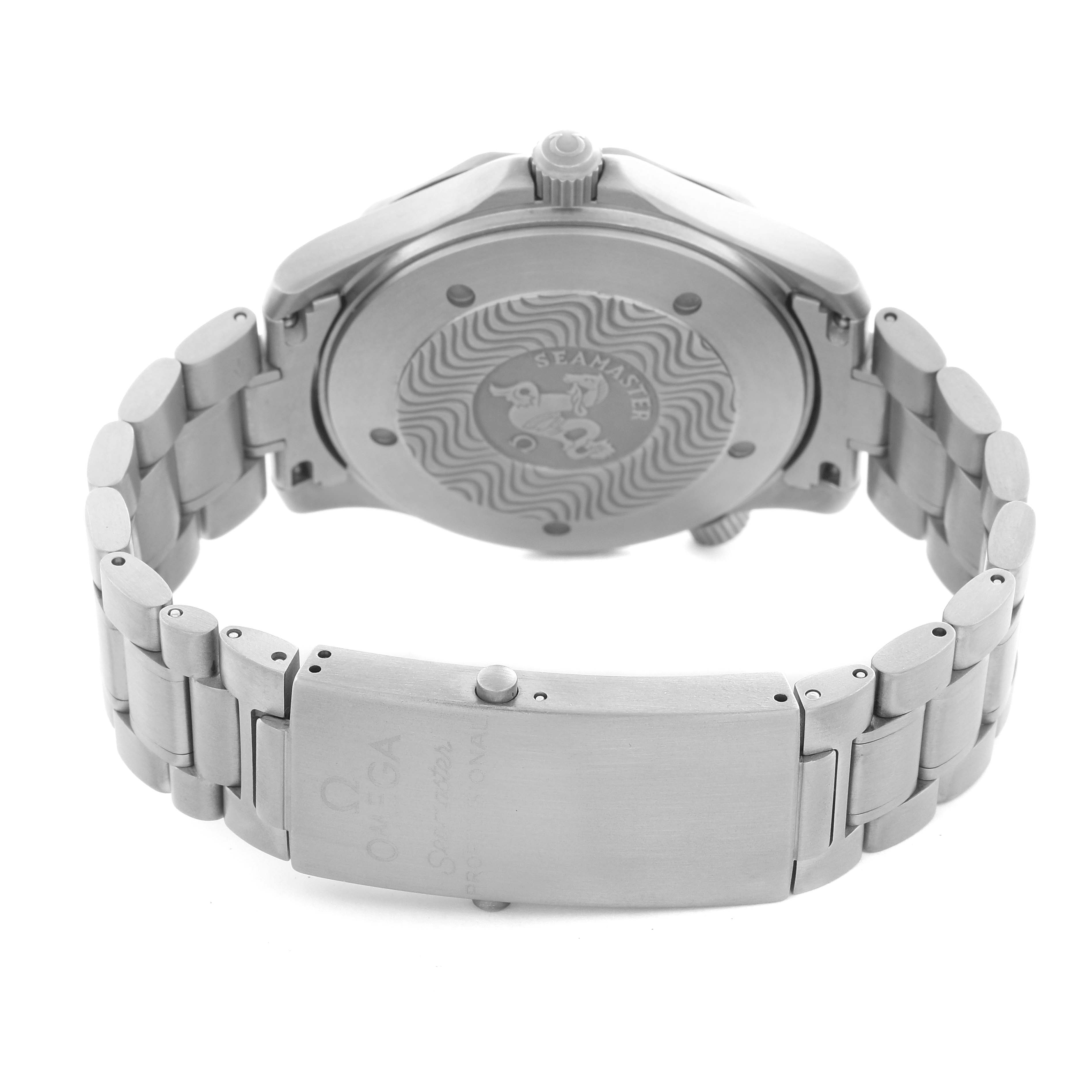 The image shows the back and bracelet of an Omega Seamaster 2231.50.00 Men's Titanium Black Dial 2231.50.00 Men's Titanium Black Dial, highlighting the clasp and case back with engravings.