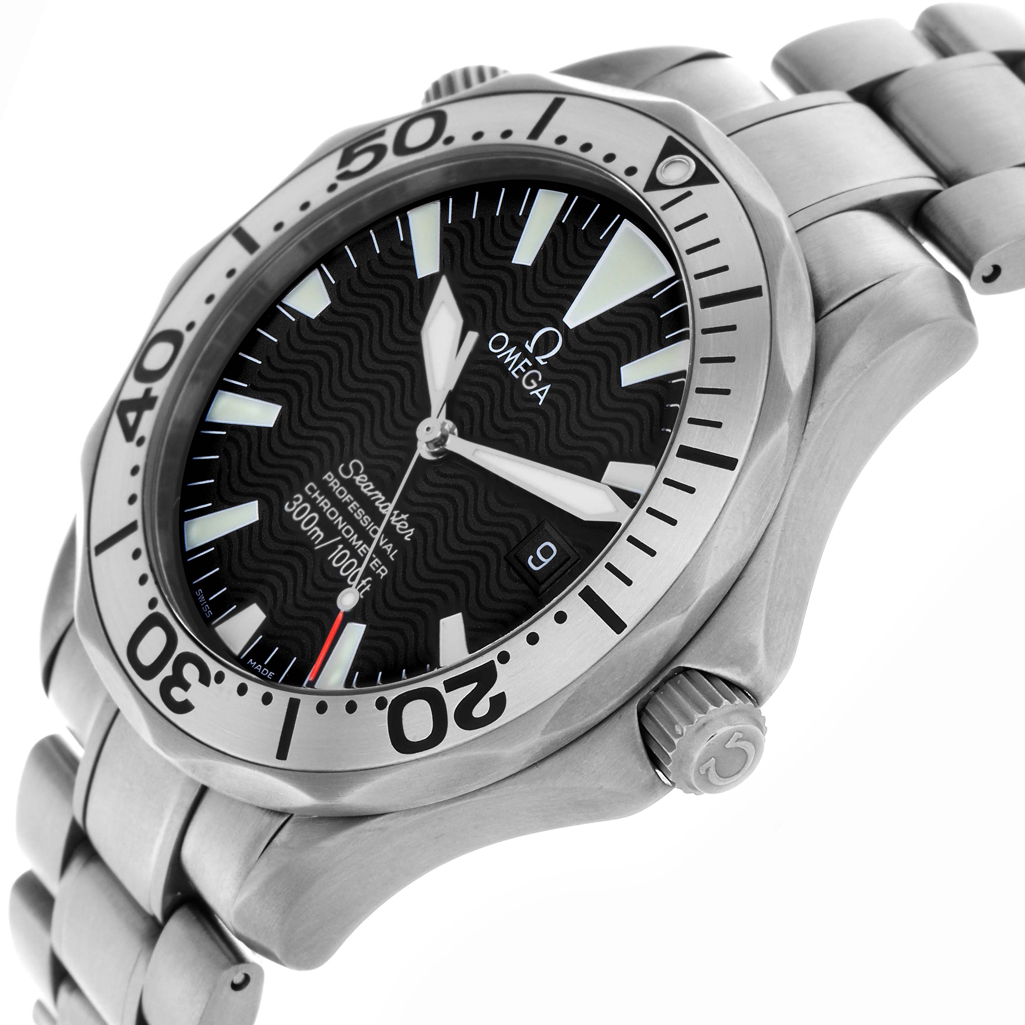 The Omega Seamaster 2231.50.00 Men's Titanium Black Dial 2231.50.00 Men's Titanium Black Dial watch is shown at an angled view highlighting the bezel, dial, and part of the bracelet.