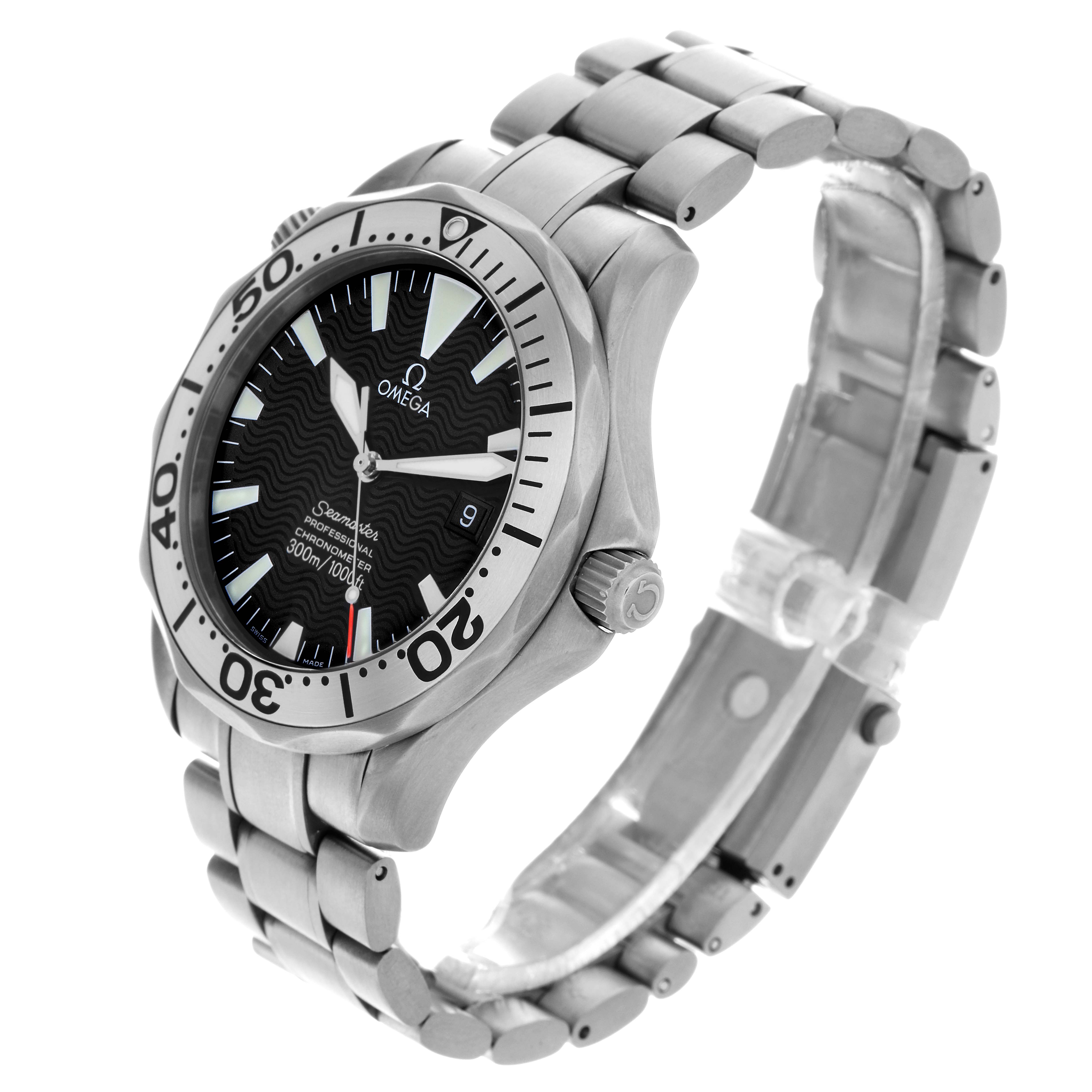 The Omega Seamaster 2231.50.00 Men's Titanium Black Dial 2231.50.00 Men's Titanium Black Dial watch is shown at a three-quarter angle, displaying the face, bezel, bracelet, and crown.