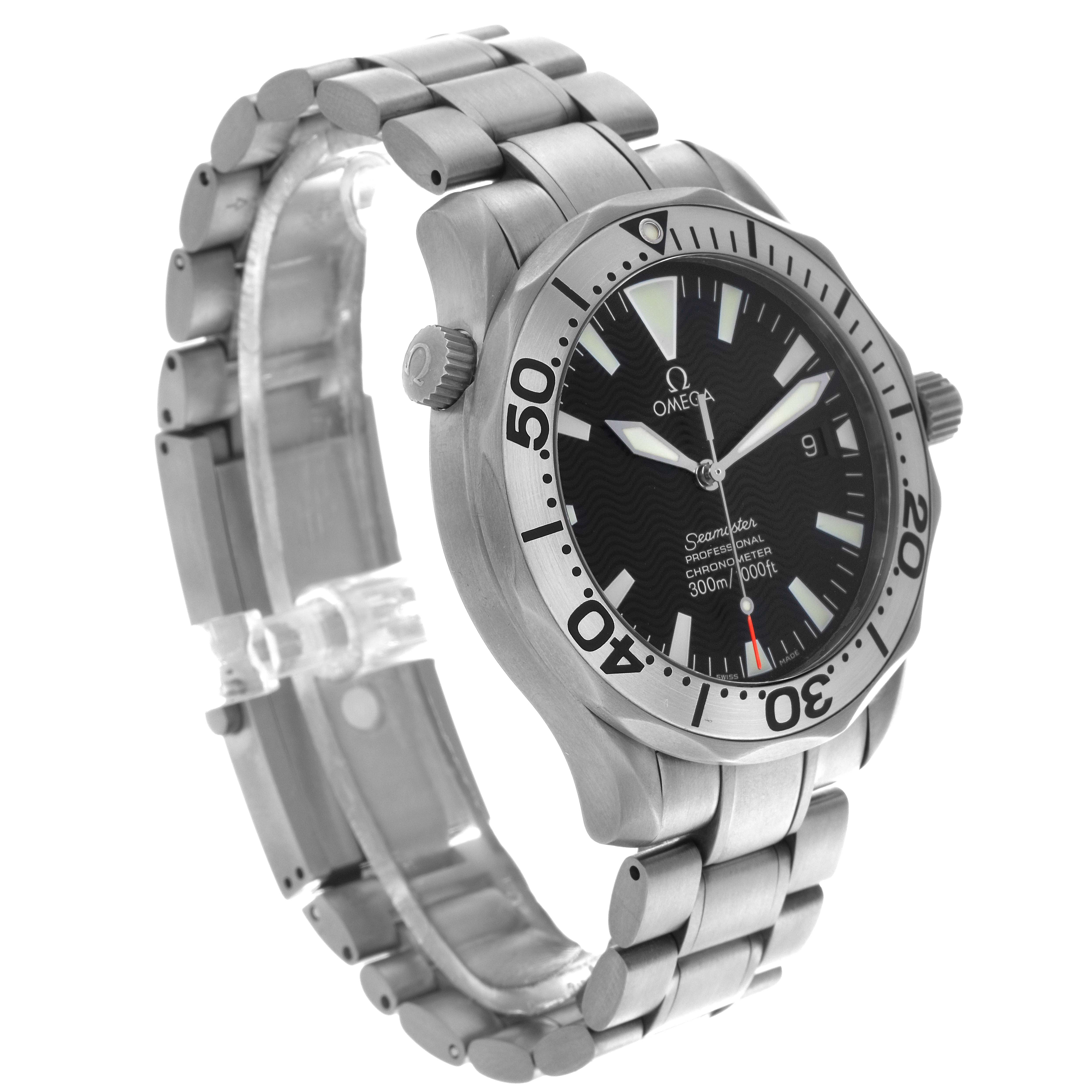 The Omega Seamaster 2231.50.00 Men's Titanium Black Dial 2231.50.00 Men's Titanium Black Dial watch is shown at a slight angle, displaying the face, bezel, crown, and part of the bracelet.
