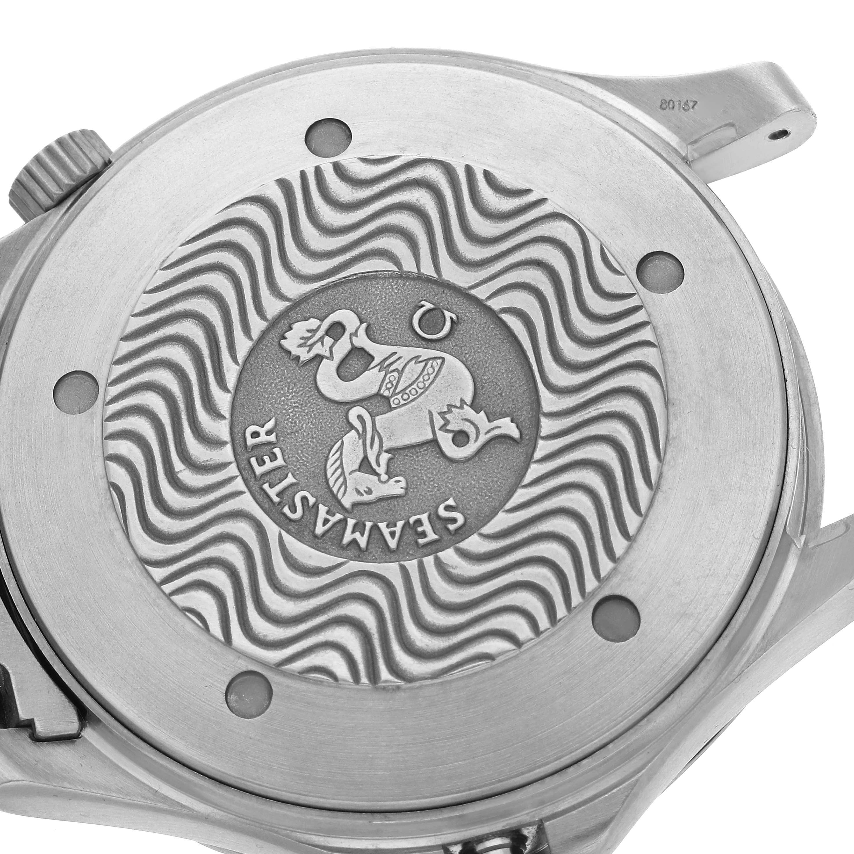 The image shows the back case of an Omega Seamaster 2231.50.00 Men's Titanium Black Dial 2231.50.00 Men's Titanium Black Dial watch with its engraved design and wave pattern.